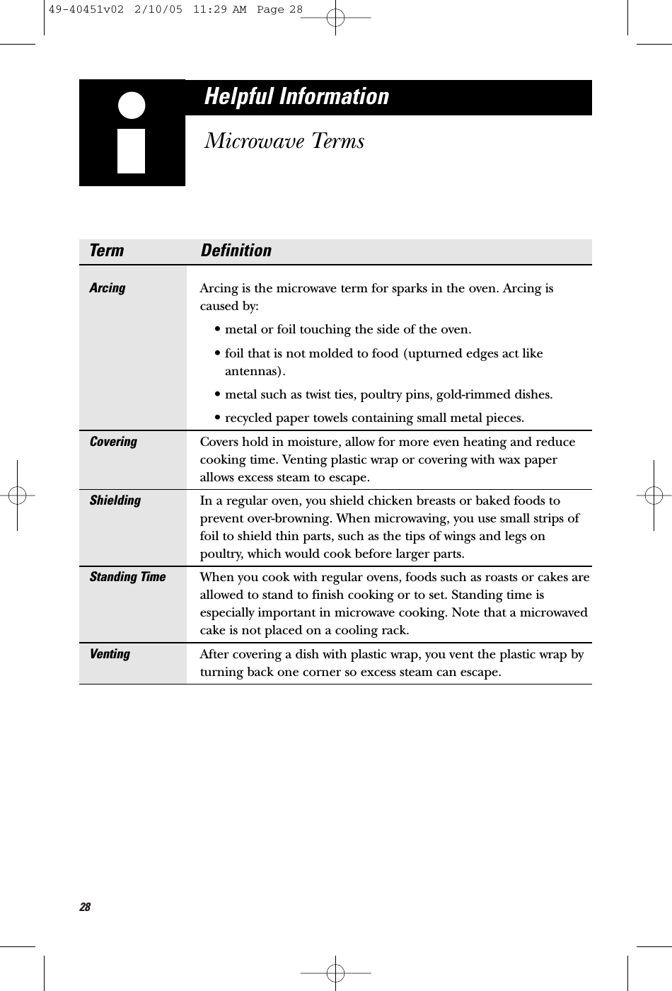 28Arcing  Arcing is the microwave term for sparks in the oven. Arcing is caused by:•metal or foil touching the side of the oven.•foil that is not molded to food (upturned edges act like antennas).•metal such as twist ties, poultry pins, gold-rimmed dishes.•recycled paper towels containing small metal pieces.Covering Covers hold in moisture, allow for more even heating and reduce cooking time. Venting plastic wrap or covering with wax paper allows excess steam to escape.Shielding In a regular oven, you shield chicken breasts or baked foods to prevent over-browning. When microwaving, you use small strips of foil to shield thin parts, such as the tips of wings and legs onpoultry, which would cook before larger parts.Standing Time When you cook with regular ovens, foods such as roasts or cakes are allowed to stand to finish cooking or to set. Standing time is especially important in microwave cooking. Note that a microwaved cake is not placed on a cooling rack.Venting After covering a dish with plastic wrap, you vent the plastic wrap by turning back one corner so excess steam can escape.Term DefinitionHelpful InformationMicrowave Terms49-40451v02  2/10/05  11:29 AM  Page 28