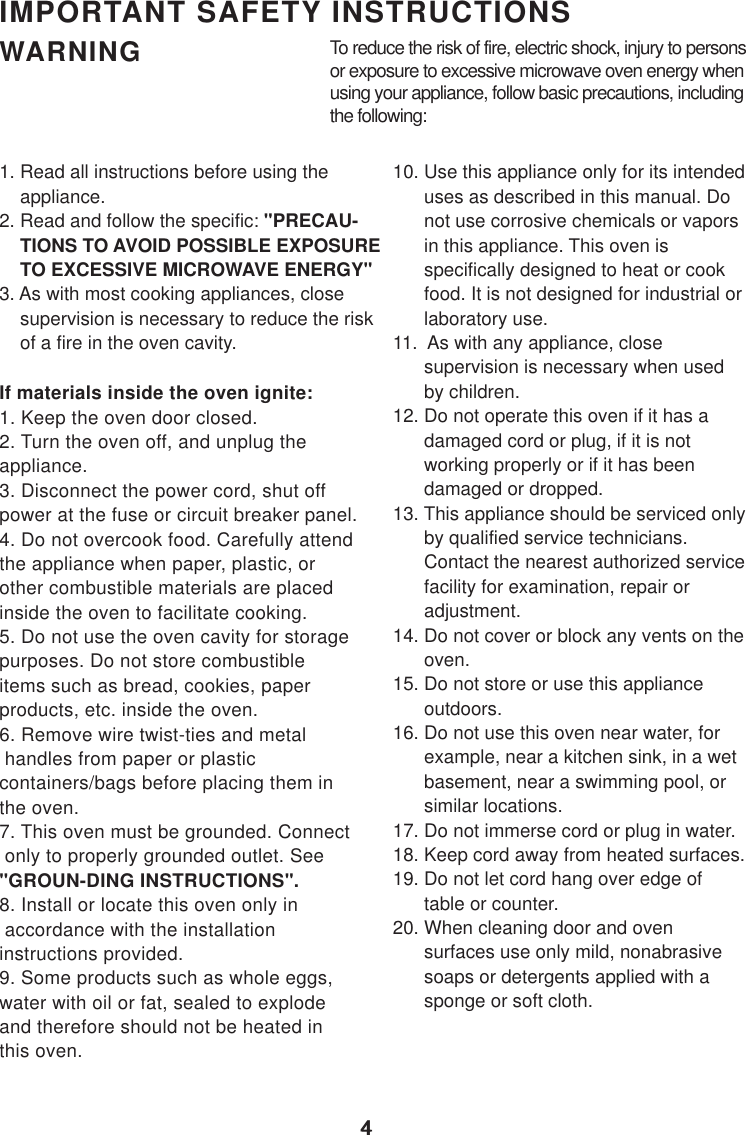 44IMPORTANT SAFETY INSTRUCTIONSWARNING1. Read all instructions before using the    appliance.2. Read and follow the specific: &quot;PRECAU-    TIONS TO AVOID POSSIBLE EXPOSURE    TO EXCESSIVE MICROWAVE ENERGY&quot;3. As with most cooking appliances, close    supervision is necessary to reduce the risk    of a fire in the oven cavity.If materials inside the oven ignite:1. Keep the oven door closed.2. Turn the oven off, and unplug theappliance.3. Disconnect the power cord, shut offpower at the fuse or circuit breaker panel.4. Do not overcook food. Carefully attendthe appliance when paper, plastic, orother combustible materials are placedinside the oven to facilitate cooking.5. Do not use the oven cavity for storagepurposes. Do not store combustibleitems such as bread, cookies, paperproducts, etc. inside the oven.6. Remove wire twist-ties and metal handles from paper or plasticcontainers/bags before placing them inthe oven.7. This oven must be grounded. Connect only to properly grounded outlet. See&quot;GROUN-DING INSTRUCTIONS&quot;.8. Install or locate this oven only in accordance with the installationinstructions provided.9. Some products such as whole eggs,water with oil or fat, sealed to explodeand therefore should not be heated inthis oven.To reduce the risk of fire, electric shock, injury to personsor exposure to excessive microwave oven energy whenusing your appliance, follow basic precautions, includingthe following:10. Use this appliance only for its intended      uses as described in this manual. Do      not use corrosive chemicals or vapors      in this appliance. This oven is      specifically designed to heat or cook      food. It is not designed for industrial or      laboratory use.11.  As with any appliance, close      supervision is necessary when used      by children.12. Do not operate this oven if it has a      damaged cord or plug, if it is not      working properly or if it has been      damaged or dropped.13. This appliance should be serviced only      by qualified service technicians.      Contact the nearest authorized service      facility for examination, repair or      adjustment.14. Do not cover or block any vents on the      oven.15. Do not store or use this appliance      outdoors.16. Do not use this oven near water, for      example, near a kitchen sink, in a wet      basement, near a swimming pool, or      similar locations.17. Do not immerse cord or plug in water.18. Keep cord away from heated surfaces.19. Do not let cord hang over edge of      table or counter.20. When cleaning door and oven      surfaces use only mild, nonabrasive      soaps or detergents applied with a      sponge or soft cloth.