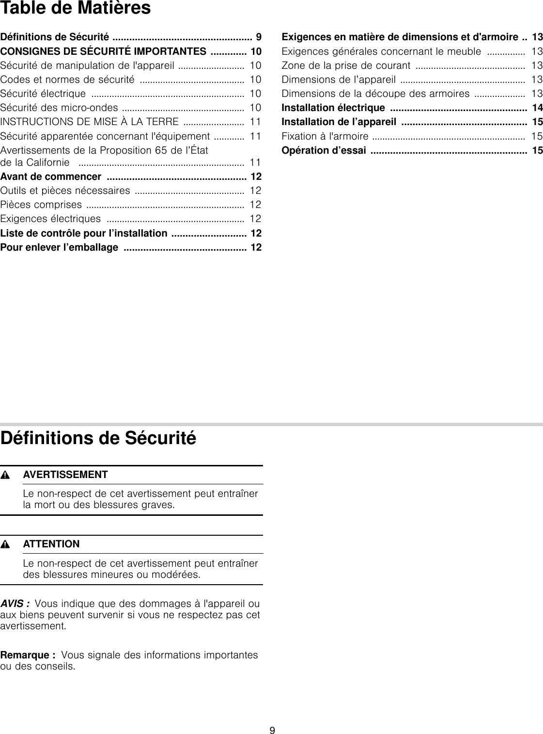 Table de MatièresInstructions d’installationDéfinitions de Sécurité .................................................. 9CONSIGNES DE SÉCURITÉ IMPORTANTES ............. 10Sécurité de manipulation de l&apos;appareil ..........................  10Codes et normes de sécurité  .........................................  10Sécurité électrique  ............................................................  10Sécurité des micro-ondes ................................................ 10INSTRUCTIONS DE MISE À LA TERRE ........................  11Sécurité apparentée concernant l&apos;équipement ............  11Avertissements de la Proposition 65 de l’État de la Californie   ................................................................. 11Avant de commencer  .................................................. 12Outils et pièces nécessaires ........................................... 12Pièces comprises ..............................................................  12Exigences électriques  ...................................................... 12Liste de contrôle pour l’installation ........................... 12Pour enlever l’emballage  ............................................ 12Exigences en matière de dimensions et d&apos;armoire ..  13Exigences générales concernant le meuble  ...............  13Zone de la prise de courant  ...........................................  13Dimensions de l’appareil .................................................  13Dimensions de la découpe des armoires ....................  13Installation électrique  .................................................  14Installation de l’appareil  .............................................  15Fixation à l&apos;armoire ............................................................  15Opération d’essai ........................................................  15Définitions de Sécurité9AVERTISSEMENTLe non-respect de cet avertissement peut entraîner la mort ou des blessures graves.9ATTENTIONLe non-respect de cet avertissement peut entraîner des blessures mineures ou modérées.AVIS :  Vous indique que des dommages à l&apos;appareil ou aux biens peuvent survenir si vous ne respectez pas cet avertissement.Remarque :  Vous signale des informations importantes ou des conseils.9