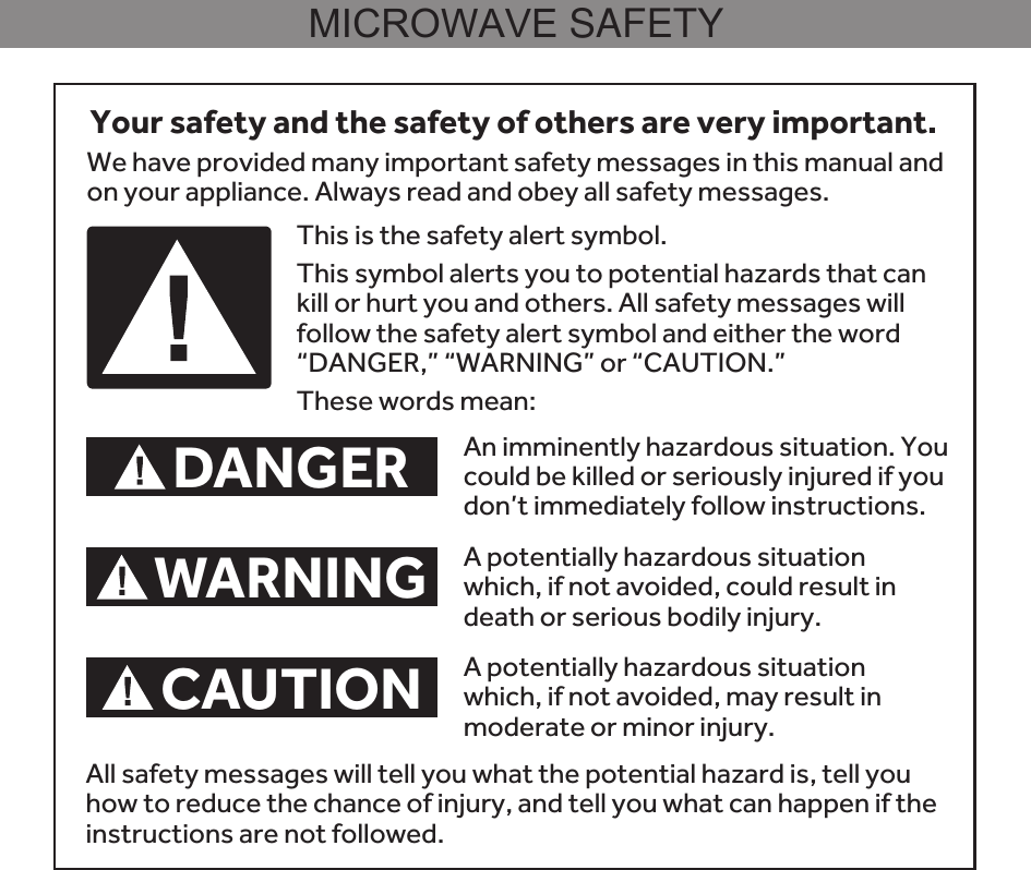 Your safety and the safety of others are very important.We have provided many important safety messages in this manual and on your appliance. Always read and obey all safety messages.DANGERWARNINGCAUTIONThis is the safety alert symbol.This symbol alerts you to potential hazards that can kill or hurt you and others. All safety messages will follow the safety alert symbol and either the word “DANGER,” “WARNING” or “CAUTION.”These words mean:An imminently hazardous situation. You could be killed or seriously injured if you don’t immediately follow instructions.A potentially hazardous situation which, if not avoided, could result in death or serious bodily injury.A potentially hazardous situation which, if not avoided, may result in moderate or minor injury.All safety messages will tell you what the potential hazard is, tell you how to reduce the chance of injury, and tell you what can happen if the instructions are not followed.MICROWAVE SAFETY