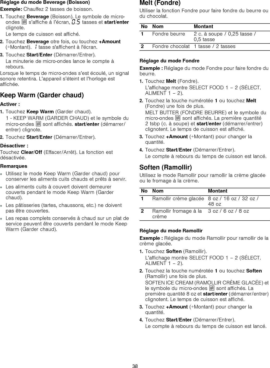 Réglage du mode Beverage (Boisson)Exemple: Chauffez 2 tasses de boisson.1.Touchez Beverage (Boisson). Le symbole de micro-ondes Ý s’affiche à l’écran, ‹.† tasses et start/enter clignote.Le temps de cuisson est affiché.2.Touchez Beverage otre fois, ou touchez +Amount (+Montant). ‚ tasse s&apos;affichent à l&apos;écran.3.Touchez Start/Enter (Démarrer/Entrer).La minuterie de micro-ondes lance le compte à rebours.Lorsque le temps de micro-ondes s’est écoulé, un signal sonore retentira. L’appareil s’éteint et l’horloge est affichée.Keep Warm (Garder chaud)Activer : 1.Touchez Keep Warm (Garder chaud).1 - KEEP WARM (GARDER CHAUD) et le symbole du micro-ondes Ý sont affichés. start/enter (démarrer/entrer) clignote. 2.Touchez Start/Enter (Démarrer/Entrer).Désactiver :Touchez Clear/Off (Effacer/Arrêt). La fonction est désactivée.Remarques ▯Utilisez le mode Keep Warm (Garder chaud) pour conserver les aliments cuits chauds et prêts à servir.▯Les aliments cuits à couvert doivent demeurer couverts pendant le mode Keep Warm (Garder chaud).▯Les pâtisseries (tartes, chaussons, etc.) ne doivent pas être couvertes.▯Les repas complets conservés à chaud sur un plat de service peuvent être couverts pendant le mode Keep Warm (Garder chaud).Melt (Fondre)Utiliser la fonction Fondre pour faire fondre du beurre ou du chocolat.Réglage du mode FondreExemple : Réglage du mode Fondre pour faire fondre du beurre.1.Touchez Melt (Fondre).L’affichage montre SELECT FOOD 1 – 2 (SÉLECT. ALIMENT 1 – 2).2.Touchez la touche numérotée 1 ou touchez Melt (Fondre) une fois de plus.MELT BUTTER (FONDRE BEURRE) et le symbole du micro-ondes Ý sont affichés. La première quantité 2 tsbp (c. à soupe) et start/enter (démarrer/entrer) clignotent. Le temps de cuisson est affiché.3.Touchez +Amount (+Montant) pour changer la quantité.4.Touchez Start/Enter (Démarrer/Entrer).Le compte à rebours du temps de cuisson est lancé.Soften (Ramollir)Utilisez le mode Ramollir pour ramollir la crème glacée ou le fromage à la crème.Réglage du mode RamollirExemple : Réglage du mode Ramollir pour ramollir de la crème glacée.1.Touchez Soften (Ramollir).L’affichage montre SELECT FOOD 1 – 2 (SÉLECT. ALIMENT 1 – 2).2.Touchez la touche numérotée 1 ou touchez Soften (Ramollir) une fois de plus.SOFTEN ICE CREAM (RAMOLLIR CRÈME GLACÉE) et le symbole du micro-ondes Ý sont affichés. La première quantité 8 oz et start/enter (démarrer/entrer) clignotent. Le temps de cuisson est affiché.3.Touchez +Amount (+Montant) pour changer la quantité.4.Touchez Start/Enter (Démarrer/Entrer).Le compte à rebours du temps de cuisson est lancé.No Nom Montant1Fondre beurre 2 c. à soupe / 0,25 tasse / 0,5 tasse 2Fondre chocolat 1 tasse / 2 tassesNo Nom Montant1Ramollir crème glacée 8 oz / 16 oz / 32 oz /48 oz2Ramollir fromage à la crème 3 oz / 6 oz / 8 oz38