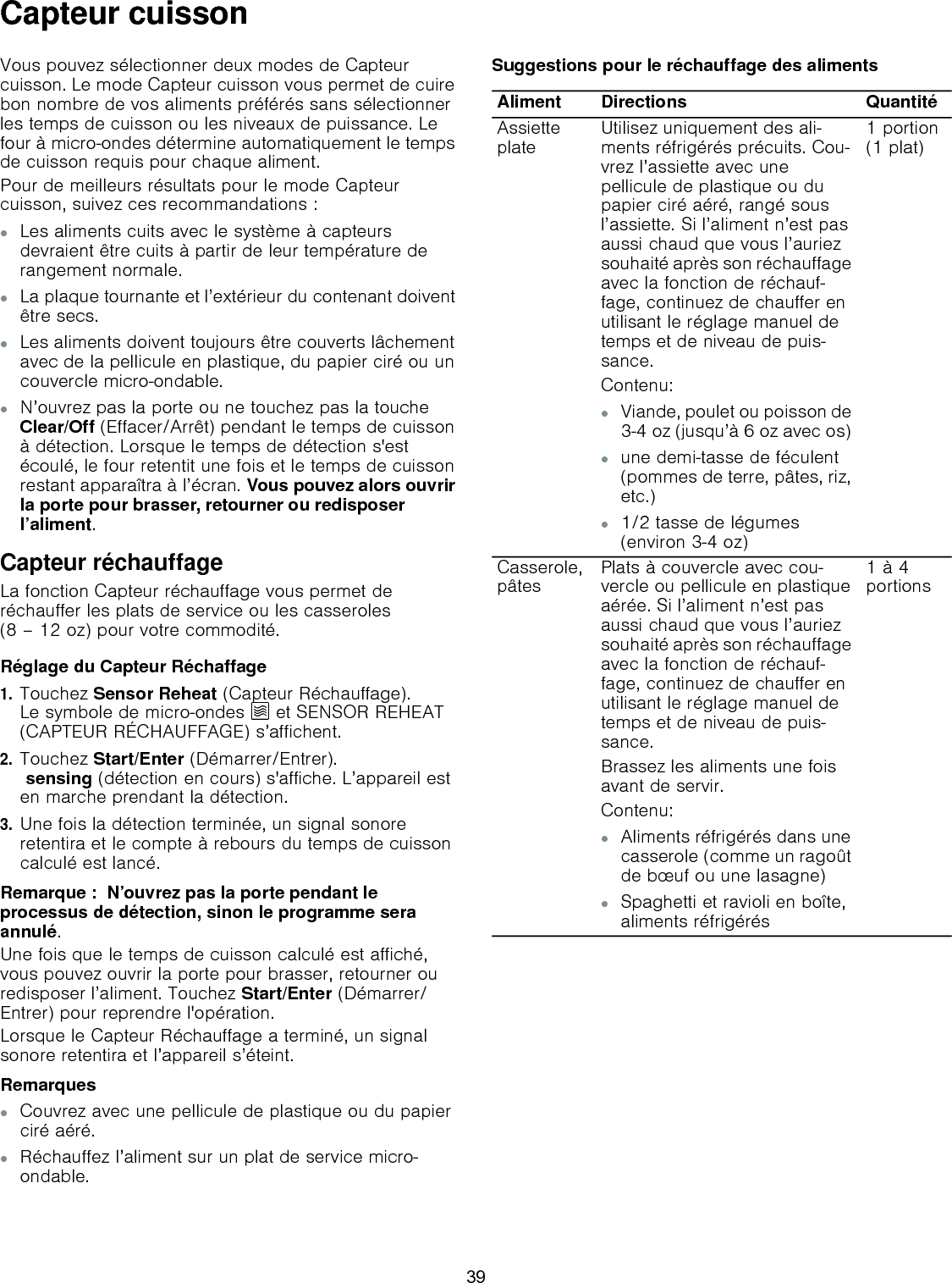 Capteur cuissonVous pouvez sélectionner deux modes de Capteur cuisson. Le mode Capteur cuisson vous permet de cuire bon nombre de vos aliments préférés sans sélectionner les temps de cuisson ou les niveaux de puissance. Le four à micro-ondes détermine automatiquement le temps de cuisson requis pour chaque aliment. Pour de meilleurs résultats pour le mode Capteur cuisson, suivez ces recommandations : ▯Les aliments cuits avec le système à capteurs devraient être cuits à partir de leur température de rangement normale.▯La plaque tournante et l’extérieur du contenant doivent être secs.▯Les aliments doivent toujours être couverts lâchement avec de la pellicule en plastique, du papier ciré ou un couvercle micro-ondable.▯N’ouvrez pas la porte ou ne touchez pas la touche  Clear/Off (Effacer/Arrêt) pendant le temps de cuisson à détection. Lorsque le temps de détection s&apos;est écoulé, le four retentit une fois et le temps de cuisson restant apparaîtra à l’écran. Vous pouvez alors ouvrir la porte pour brasser, retourner ou redisposer l’aliment.Capteur réchauffageLa fonction Capteur réchauffage vous permet de réchauffer les plats de service ou les casseroles (8 – 12 oz) pour votre commodité.Réglage du Capteur Réchaffage1.Touchez Sensor Reheat (Capteur Réchauffage).  Le symbole de micro-ondes Ý et SENSOR REHEAT (CAPTEUR RÉCHAUFFAGE) s’affichent.2.Touchez Start/Enter (Démarrer/Entrer).  sensing (détection en cours) s&apos;affiche. L’appareil est en marche prendant la détection.3.Une fois la détection terminée, un signal sonore retentira et le compte à rebours du temps de cuisson calculé est lancé.Remarque :  N’ouvrez pas la porte pendant le processus de détection, sinon le programme sera annulé.Une fois que le temps de cuisson calculé est affiché, vous pouvez ouvrir la porte pour brasser, retourner ou redisposer l’aliment. Touchez Start/Enter (Démarrer/Entrer) pour reprendre l&apos;opération.Lorsque le Capteur Réchauffage a terminé, un signal sonore retentira et l’appareil s’éteint.Remarques ▯Couvrez avec une pellicule de plastique ou du papier ciré aéré.▯Réchauffez l’aliment sur un plat de service micro-ondable.Suggestions pour le réchauffage des alimentsAliment Directions QuantitéAssiette plate Utilisez uniquement des ali-ments réfrigérés précuits. Cou-vrez l’assiette avec une pellicule de plastique ou du papier ciré aéré, rangé sous l’assiette. Si l’aliment n’est pas aussi chaud que vous l’auriez souhaité après son réchauffage avec la fonction de réchauf-fage, continuez de chauffer en utilisant le réglage manuel de temps et de niveau de puis-sance.Contenu:▯Viande, poulet ou poisson de 3-4 oz (jusqu’à 6 oz avec os) ▯une demi-tasse de féculent (pommes de terre, pâtes, riz, etc.)▯1/2 tasse de légumes (environ 3-4 oz)1 portion (1 plat)Casserole, pâtes Plats à couvercle avec cou-vercle ou pellicule en plastique aérée. Si l’aliment n’est pas aussi chaud que vous l’auriez souhaité après son réchauffage avec la fonction de réchauf-fage, continuez de chauffer en utilisant le réglage manuel de temps et de niveau de puis-sance.Brassez les aliments une fois avant de servir.Contenu:▯Aliments réfrigérés dans une casserole (comme un ragoût de bœuf ou une lasagne)▯Spaghetti et ravioli en boîte, aliments réfrigérés 1 à 4 portions39