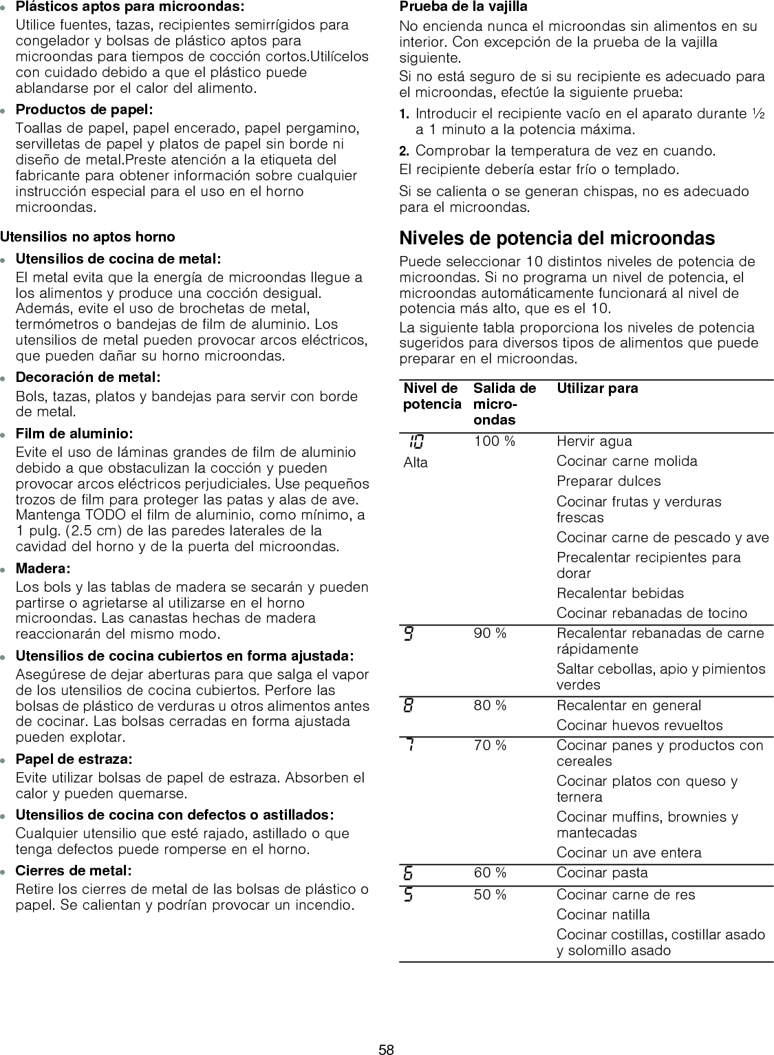 ▯Plásticos aptos para microondas:Utilice fuentes, tazas, recipientes semirrígidos para congelador y bolsas de plástico aptos para microondas para tiempos de cocción cortos.Utilícelos con cuidado debido a que el plástico puede ablandarse por el calor del alimento. ▯Productos de papel:Toallas de papel, papel encerado, papel pergamino, servilletas de papel y platos de papel sin borde ni diseño de metal.Preste atención a la etiqueta del fabricante para obtener información sobre cualquier instrucción especial para el uso en el horno microondas.Utensilios no aptos horno▯Utensilios de cocina de metal:El metal evita que la energía de microondas llegue a los alimentos y produce una cocción desigual. Además, evite el uso de brochetas de metal, termómetros o bandejas de film de aluminio. Los utensilios de metal pueden provocar arcos eléctricos, que pueden dañar su horno microondas.▯Decoración de metal:Bols, tazas, platos y bandejas para servir con borde de metal.▯Film de aluminio:Evite el uso de láminas grandes de film de aluminio debido a que obstaculizan la cocción y pueden provocar arcos eléctricos perjudiciales. Use pequeños trozos de film para proteger las patas y alas de ave. Mantenga TODO el film de aluminio, como mínimo, a 1 pulg. (2.5 cm) de las paredes laterales de la cavidad del horno y de la puerta del microondas.▯Madera:Los bols y las tablas de madera se secarán y pueden partirse o agrietarse al utilizarse en el horno microondas. Las canastas hechas de madera reaccionarán del mismo modo.▯Utensilios de cocina cubiertos en forma ajustada:Asegúrese de dejar aberturas para que salga el vapor de los utensilios de cocina cubiertos. Perfore las bolsas de plástico de verduras u otros alimentos antes de cocinar. Las bolsas cerradas en forma ajustada pueden explotar.▯Papel de estraza:Evite utilizar bolsas de papel de estraza. Absorben el calor y pueden quemarse.▯Utensilios de cocina con defectos o astillados:Cualquier utensilio que esté rajado, astillado o que tenga defectos puede romperse en el horno.▯Cierres de metal:Retire los cierres de metal de las bolsas de plástico o papel. Se calientan y podrían provocar un incendio.Prueba de la vajillaNo encienda nunca el microondas sin alimentos en su interior. Con excepción de la prueba de la vajilla siguiente.Si no está seguro de si su recipiente es adecuado para el microondas, efectúe la siguiente prueba: 1.Introducir el recipiente vacío en el aparato durante ½ a 1 minuto a la potencia máxima.2.Comprobar la temperatura de vez en cuando.El recipiente debería estar frío o templado.Si se calienta o se generan chispas, no es adecuado para el microondas.Niveles de potencia del microondasPuede seleccionar 10 distintos niveles de potencia de microondas. Si no programa un nivel de potencia, el microondas automáticamente funcionará al nivel de potencia más alto, que es el 10.La siguiente tabla proporciona los niveles de potencia sugeridos para diversos tipos de alimentos que puede preparar en el microondas.Nivel de potencia Salida de micro-ondasUtilizar para‚‹Alta100 % Hervir aguaCocinar carne molidaPreparar dulcesCocinar frutas y verduras frescasCocinar carne de pescado y avePrecalentar recipientes para dorarRecalentar bebidasCocinar rebanadas de tocinoŠ90 % Recalentar rebanadas de carne rápidamenteSaltar cebollas, apio y pimientos verdes‰80 % Recalentar en generalCocinar huevos revueltosˆ70 % Cocinar panes y productos con cerealesCocinar platos con queso yterneraCocinar muffins, brownies y mantecadasCocinar un ave entera‡60 % Cocinar pasta†50 % Cocinar carne de resCocinar natillaCocinar costillas, costillar asado y solomillo asado58