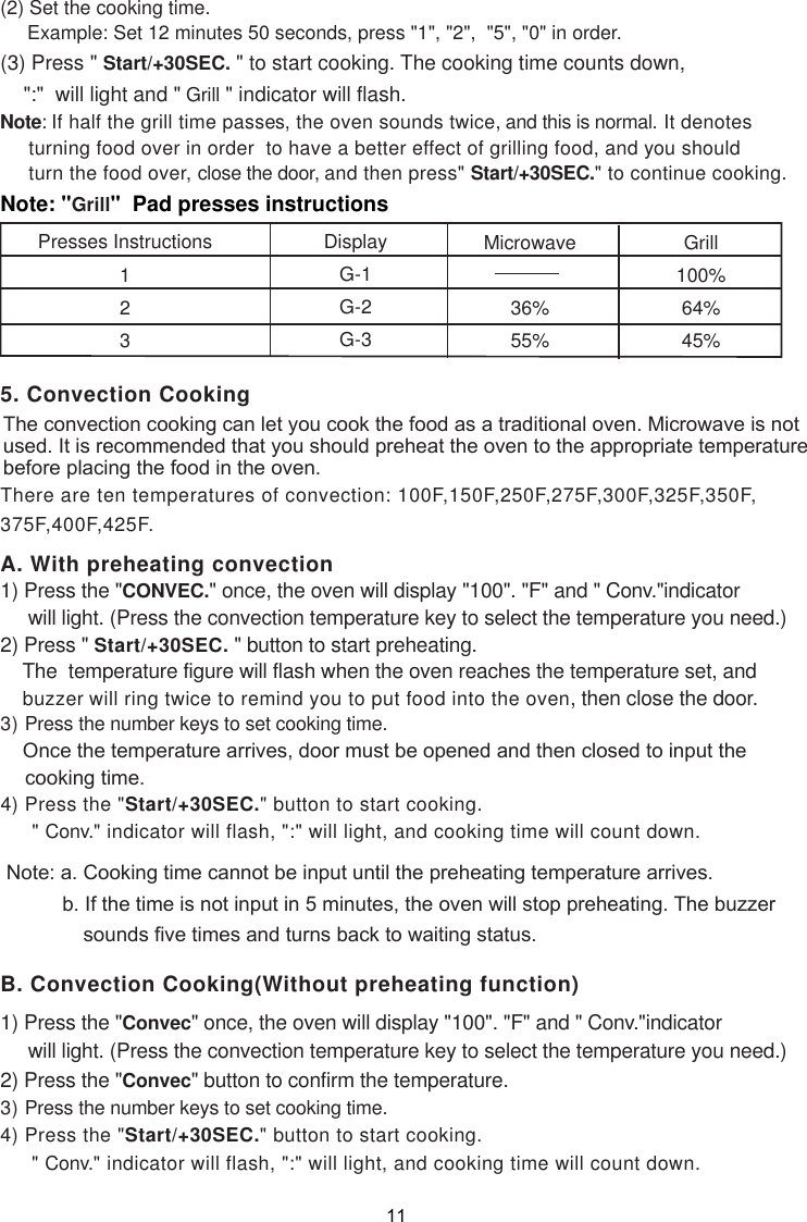 (2) Set the cooking time.     Example: Set 12 minutes 50 seconds, press &quot;1&quot;, &quot;2&quot;,  &quot;5&quot;, &quot;0&quot; in order.(3) Press &quot; Start/+30SEC. &quot; to start cooking. The cooking time counts down,    &quot;:&quot;  will light and &quot; Grill &quot; indicator will flash.1) Press the &quot;CONVEC.&quot; once, the oven will display &quot;100&quot;. &quot;F&quot; and &quot; Conv.&quot;indicator     will light. (Press the convection temperature key to select the temperature you need.)2) Press &quot; Start/+30SEC. &quot; button to start preheating.    The  temperature figure will flash when the oven reaches the temperature set, and    buzzer will ring twice to remind you to put food into the oven, then close the door.3) Press the number keys to set cooking time.4) Press the &quot;Start/+30SEC.&quot; button to start cooking.      &quot; Conv.&quot; indicator will flash, &quot;:&quot; will light, and cooking time will count down.Presses Instructions1231) Press the &quot;Convec&quot; once, the oven will display &quot;100&quot;. &quot;F&quot; and &quot; Conv.&quot;indicator     will light. (Press the convection temperature key to select the temperature you need.)2) Press the &quot;Convec&quot; button to confirm the temperature.3) Press the number keys to set cooking time.4) Press the &quot;Start/+30SEC.&quot; button to start cooking.      &quot; Conv.&quot; indicator will flash, &quot;:&quot; will light, and cooking time will count down.Note: &quot;Grill&quot;  Pad presses instructions5. Convection CookingB. Convection Cooking(Without preheating function)There are ten temperatures of convection: 100F,150F,250F,275F,300F,325F,350F,375F,400F,425F.A. With preheating convectionNote: If half the grill time passes, the oven sounds twice, and this is normal. It denotes     turning food over in order  to have a better effect of grilling food, and you should     turn the food over, close the door, and then press&quot; Start/+30SEC.&quot; to continue cooking.DisplayG-1G-2G-3Microwave36%55%Grill100%64%45%The convection cooking can let you cook the food as a traditional oven. Microwave is notused. It is recommended that you should preheat the oven to the appropriate temperaturebefore placing the food in the oven.Note: a. Cooking time cannot be input until the preheating temperature arrives.         b. If the time is not input in 5 minutes, the oven will stop preheating. The buzzer            sounds five times and turns back to waiting status.11              Once the temperature arrives, door must be opened and then closed to input the                  cooking time.