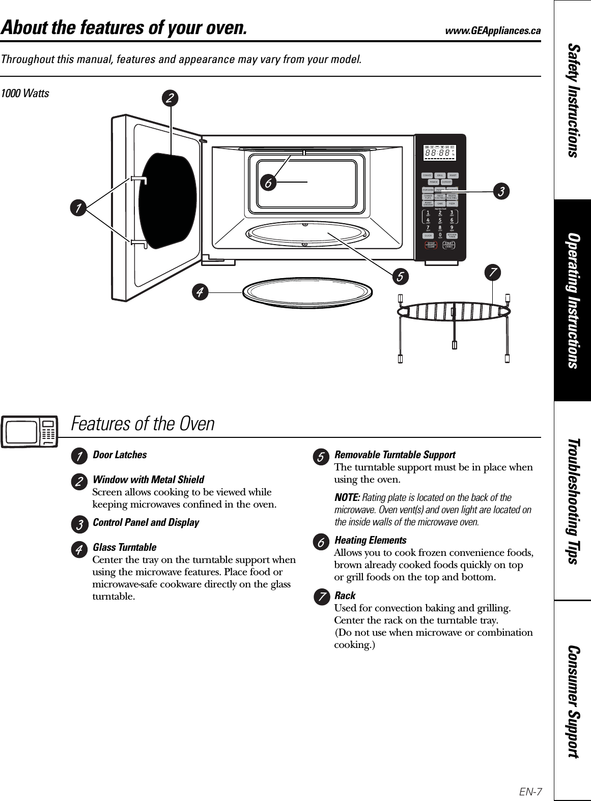 Consumer SupportTroubleshooting TipsOperating InstructionsSafety InstructionsThroughout this manual, features and appearance may vary from your model.1000 WattsFeatures of the OvenDoor LatchesWindow with Metal ShieldScreen allows cooking to be viewed whilekeeping microwaves confined in the oven.Control Panel and DisplayGlass TurntableCenter the tray on the turntable support whenusing the microwave features. Place food ormicrowave-safe cookware directly on the glassturntable.Removable Turntable Support The turntable support must be in place whenusing the oven.NOTE: Rating plate is located on the back of themicrowave. Oven vent(s) and oven light are located onthe inside walls of the microwave oven.Heating Elements Allows you to cook frozen convenience foods,brown already cooked foods quickly on top or grill foods on the top and bottom.Rack Used for convection baking and grilling.Center the rack on the turntable tray. (Do not use when microwave or combinationcooking.)7About the features of your oven. www.GEAppliances.ca7EN-7