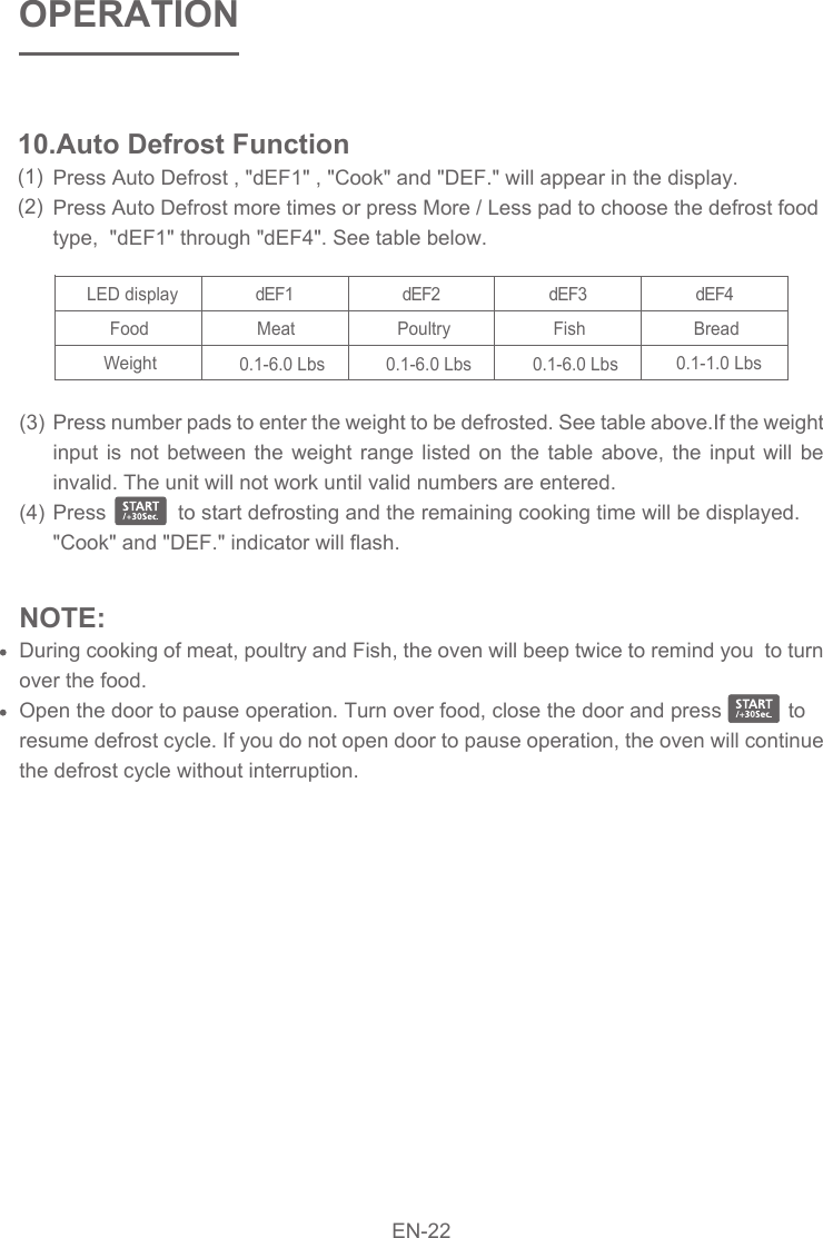 Press number pads to enter the weight to be defrosted. See table above.If the weight input is not between the weight range listed on the table above, the input will be invalid. The unit will not work until valid numbers are entered.     Press            to start defrosting and the remaining cooking time will be displayed. &quot;Cook&quot; and &quot;DEF.&quot; indicator will flash.NOTE: During cooking of meat, poultry and Fish, the oven will beep twice to remind you  to turn over the food. Open the door to pause operation. Turn over food, close the door and press           to resume defrost cycle. If you do not open door to pause operation, the oven will continue the defrost cycle without interruption.10.Auto Defrost Function(1)(2)Press Auto Defrost , &quot;dEF1&quot; , &quot;Cook&quot; and &quot;DEF.&quot; will appear in the display.Press Auto Defrost more times or press More / Less pad to choose the defrost food type,  &quot;dEF1&quot; through &quot;dEF4&quot;. See table below.   LED displayFoodWeightdEF1Meat0.1-6.0 Lbs dEF2Poultry0.1-6.0 Lbs dEF3Fish0.1-6.0 Lbs dEF4Bread0.1-1.0 Lbs(3)(4)OPERATIONEN-22