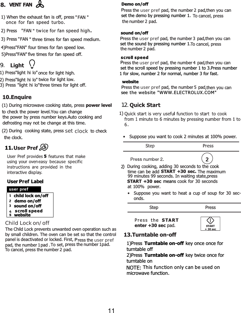     1) Press  once for light high.&quot;light hi lo&quot;) Press for light .&quot;light hi lo&quot;2twice lowPress for light .ight hi lo&quot; 3) &quot;l th times off 1) When the exhaust fan is off, press &quot;FAN &quot;  .2) Press   twice .3) Press  time .4)Press&quot;FAN&quot; four times for fan speed low.VENT FANFAN &quot;  &quot;an speed turbofor fan speed high FAN &quot;&quot;for fan speed medium5)Press&quot;FAN&quot; f times for fan speed .ive offonce for f(2) During  cooking state, press   to check(1) During microwave cooking state, press Enquirethe power by press number keys.Auto cooking and power  levelset clock10. to check the power level.You can change defrosting may not be change at this time.  the clock.hild lock on/offdemo on/offsound on/offscroll speed55website11.The Child Lock prevents unwanted oven operation such as by small children. The oven can be set so that the control panel is deactivated or locked. First, ress the user prefpad.Child Lock.pad, the number 1number 2pademo  DTo cancel, press theTo set,  pad.numberpress the 1Press the user pref pad, the numberP2,then you can set the demo by pressing number 1.sound on/offress the user pref pad, the numberP,then you can set the by pressing number 13 pad padsoundscroll speedress the user pref pad, the numberP,then you can set the   by pressing number 1 to 3.Press number pad4scroll speedwebsiteress the user pref pad, the numberP,then you can padse5e the website &quot; &quot;WWW.ELECTROLUX.COM•  Suppose you want to cook 2 minutes at 100% power.12.three seercon/off on/offpad.number 2To cancel, presstheTo cancel, press.pad.number 2the1 .Turntable on-off1)2).Turntable on-off   key once once forturntable offTurntable on-off key twice once forturntable on This  function only  can be used  onmicrowave function.1)Press 2)Press NOTE: •  Suppose you want to heat a cup of soup for 30 sec-onds.Step PressPress the START enter +30 sec pad.During cooking, adding 30 seconds to the cooktime can be add START +30 sec. The maximum99 minutes 99 seconds. In waiting state,pressSTART +30 sec means cook for 30 secondsat 100% power.8. 9.3  1 for slow, number 2 for normal, number 3 for fast.11