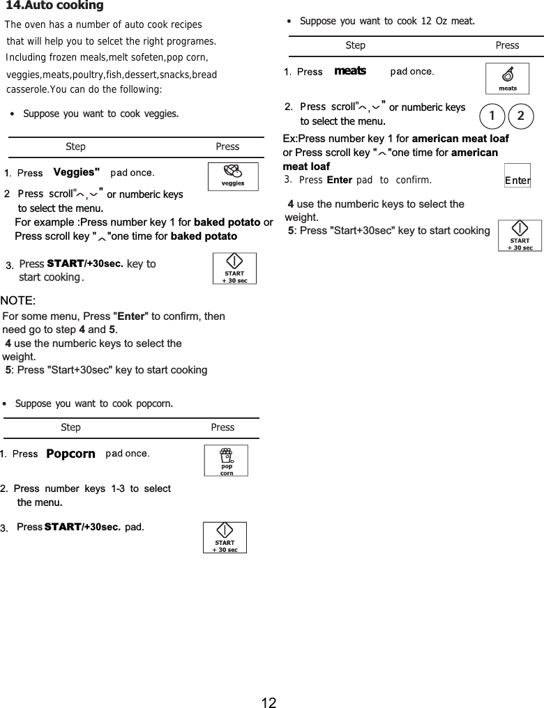 2. Press number keys 1-3 to select 3. Press START/+30sec. pad.the menu.:Press number key 1 for baked potato orPress scroll key &quot; &quot;one time for baked potato3.2 Press scroll                      or numberic keysto select the menu.&quot;,Press   key to start cooking.START/+30sec.&quot;For example• Suppose you want to cook .popcorn   2. • Suppose you want to cook .meatmeatPress scroll                      or numberic keysto select the menu.&quot;,&quot;Ex:Press number key 1 for american meat loafor Press scroll key &quot; &quot;one time for americanmeat loaf3. Press pad . 1 .Auto cookingThe oven has a number of auto cook recipesthat will help you to selcet the right programes.Including frozen meals,melt sofeten,pop corn,veggies,meats,poultry,fish,dessert,snacks,breadcasserole.You can do the following:Veggies&quot;•  Suppose you want to cook veggies. For some menu, Press &quot;Enter&quot; to confirm, thenneed go to step 4and 5. 4 use the numberic keys to select theweight.5: Press &quot;Start+30sec&quot; key to start cookingNOTE:12 OzsEnter to confirm 4 use the numberic keys to select theweight.5: Press &quot;Start+30sec&quot; key to start cooking4Enter1212