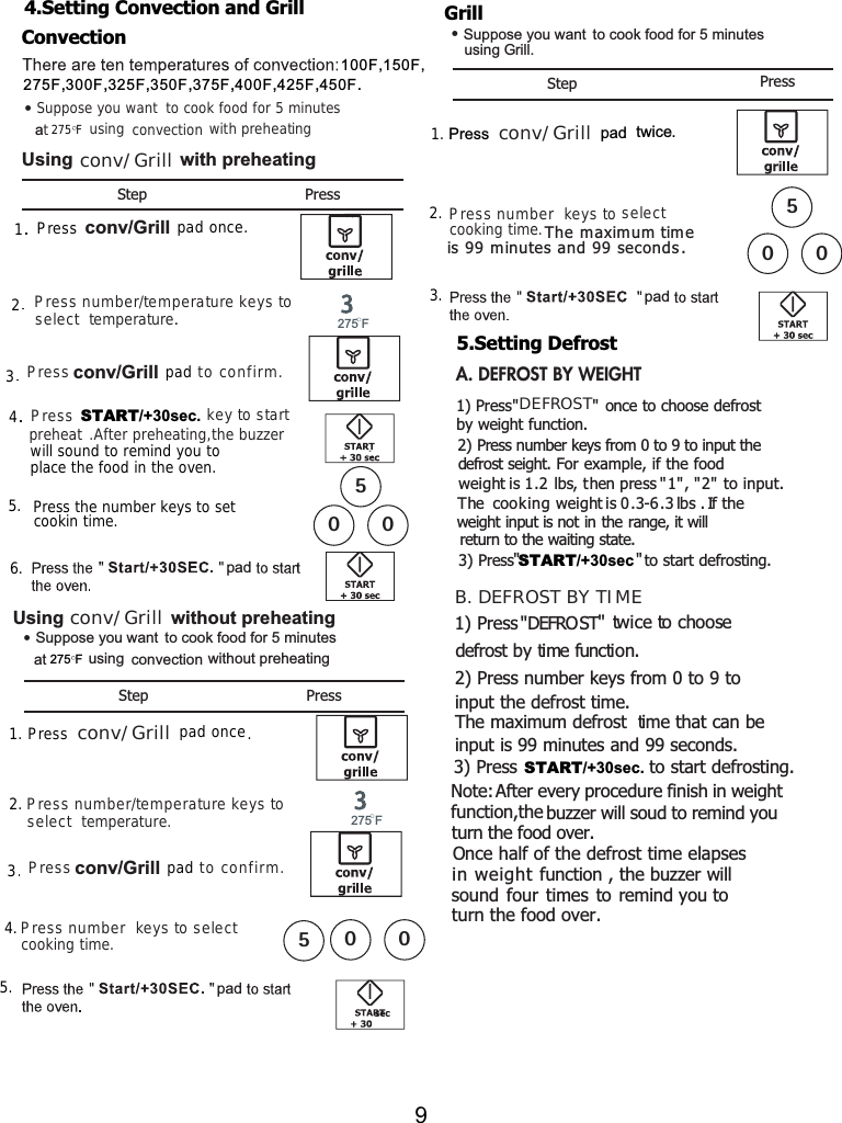 4.Setting Convection   and Grill100F,150F,275F,300F,325F,350F,375F,400F,425F,450F.Using with preheating conv/Grillusing convectionSuppose you want to cook food for 5 minutesat•with preheating275 FConvectionpadPress key to startpreheatconvStep Press/ rillGPress  pad once.275 FPress number/temperature keys toselect temperature..After preheating,the buzzerSTART/+30sec. using convectionSuppose you want  to cook food for 5 minutes at•without preheating275 Fconv/GrillUsing without preheatingStep Press      Press pad once.conv/Grillwill sound to remind you toplace the food in the oven.Press the number keys to setcookin time.50012.275 FPress number/temperature keys toselect temperature.Press number eys to selectkcooking time.pad5001.2.. Grill  Step PressPress  pad .conv/GrillPress number eys to selectkcooking time.padtwiceusing GrillSuppose you want  to cook food for 5 minutes •.The maximum  time  i s  9 9  m i n u t e s  a n d  9 9  s e c o n d s .5001.2.3.A. DEFROST BY WEIGHT 2) Press number keys from 0 to 9 to input the weight is 1.2 lbs, then press &quot;1&quot;, &quot;2&quot; to input. The cooking  weight is   lbs .B. DEFROST BY TIME1) Press &quot; &quot; twice to choose    2) Press number keys from 0 to 9 to3) Press   to start defrosting.  Once half of the defrost time elapses              sound four times to remind you to 1) Press &quot; &quot; once to choose defrostDEFROST0.3-6.3DEFROSTSTART/+30sec.3) Press   to start defrosting. START/+30secfunction,the.Setting Defrost 5&quot;&quot;    For example, if the food   If the     weight input is not in the range, it will The maximum defrost   time that can be              by weight function.  defrost seight.     return to the waiting state. Note:            After every procedure finish in weight buzzer will soud to remind you        turn the food over. input is 99 minutes and 99 seconds.input the defrost time. defrost by time function. in weight function , the buzzer will   turn the food over..Pressconv/ rillGpad to confirm.3456Pressconv/ rillGpad to confirm.34.59
