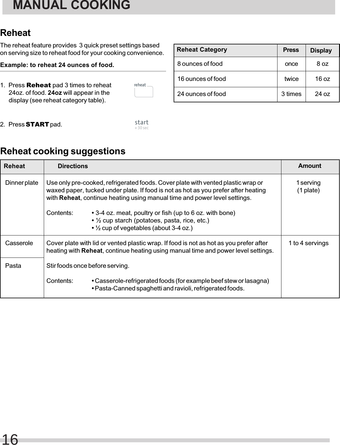 16ReheatThe reheat feature provides  3 quick preset settings basedon serving size to reheat food for your cooking convenience.Example: to reheat 24 ounces of food.1. Press Reheat pad 3 times to reheat24oz. of food. 24oz will appear in thedisplay (see reheat category table).2. Press START pad.Reheat Category8 ounces of food16 ounces of food24 ounces of foodDisplay8 oz16 oz24 ozPressoncetwice3 timesReheat cooking suggestionsReheatDinner plateCasserolePastaAmount1 serving(1 plate)1 to 4 servingsDirectionsUse only pre-cooked, refrigerated foods. Cover plate with vented plastic wrap orwaxed paper, tucked under plate. If food is not as hot as you prefer after heatingwith Reheat, continue heating using manual time and power level settings.Contents:• ½ cup starch (potatoes, pasta, rice, etc.)• ½ cup of vegetables (about 3-4 oz.)Cover plate with lid or vented plastic wrap. If food is not as hot as you prefer afterheating with Reheat, continue heating using manual time and power level settings.Stir foods once before serving.Contents: • Casserole-refrigerated foods (for example beef stew or lasagna)• Pasta-Canned spaghetti and ravioli, refrigerated foods.MANUAL COOKINGstart+ 30 secreheat• 3-4 oz. meat, poultry or fish (up to 6 oz. with bone)