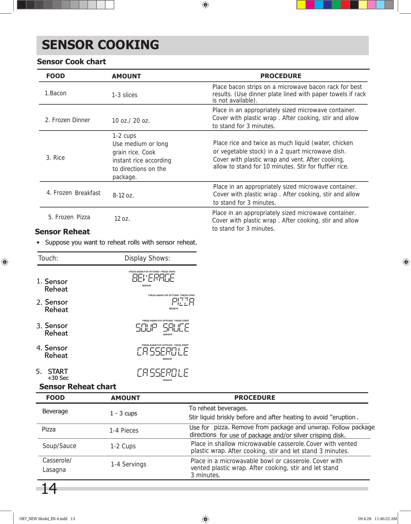 SENSOR COOKINGSensor Cook chartOR7_NEW Model_EN-4.indd   13OR7_NEW Model_EN-4.indd   13 09.4.28   11:46:22 AM09.4.28   11:46:22 AMPlace rice and twice as much liquid (water, chicken or vegetable stock) in a 2 quart microwave dish.Cover with plastic wrap and vent. After cooking, 1-2 cupsUse medium or long  grain rice. Cook instant rice according to directions on the package.Breakfast1-3 slices10 oz./ 20 oz.8-12 oz.Place bacon strips on a microwave bacon rack for bestresults. (Use dinner plate lined with paper towels if rack is not available).Place in an appropriately sized microwave container.Cover with plastic wrap . After cooking, stir and allowto stand for 3 minutes.allow to stand for 10 minutes. Stir for fluffier rice. Place in an appropriately sized microwave container.Cover with plastic wrap . After cooking, stir and allowto stand for 3 minutes.FOOD AMOUNT PROCEDURE1.Bacon2. Frozen Dinner3. Rice4. Frozen Sensor Reheat1.2.3.4.5.•   Suppose you want to reheat rolls with sensor reheat.Touch:                                       Display Shows:Sensor Reheat chartFOOD AMOUNT PROCEDURECasserole/LasagnaSoup/Sauce 1-2 CupsPlace in a microwavable bowl or casserole. Cover with vented plastic wrap. After cooking, stir and let stand3 minutes.Place in shallow microwavable casserole. Cover with vented plastic wrap. After cooking, stir and let stand 3 minutes. 1-4 Servings 14START+30 SecSensorReheatSensorReheatSensorReheatSensorReheat12 oz.5. Frozen Pizza Place in an appropriately sized microwave container.Cover with plastic wrap . After cooking, stir and allowto stand for 3 minutes.1 - 3 cupsBeverage Stir liquid briskly before and after heating to avoid  &apos;&apos;eruption   .To reheat beverages.Use for  pizza. Remove from package and unwrap. Follow package directions  for use of package and/or silver crisping disk.Pizza 1-4 Pieces