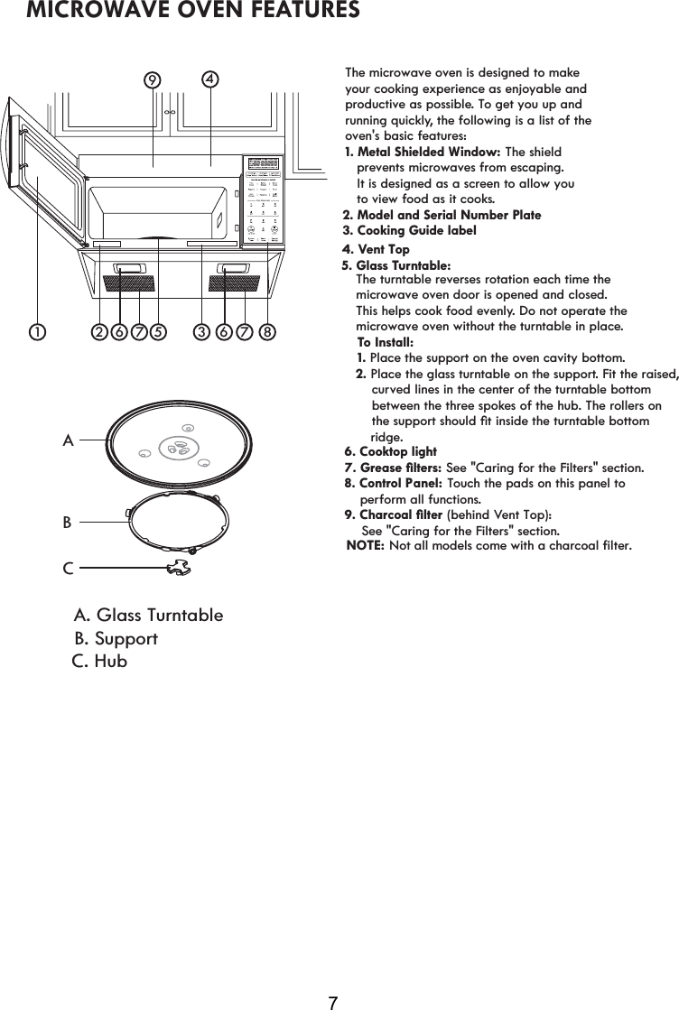 7MICROWAVE OVEN FEATURES12 3456 67 7 89A. Glass Turntable                                      C. Hub                                      B. Support A B C4. Vent Top5. Glass Turntable:6. Cooktop light*UHDVHoOWHUV8. Control Panel: Touch the pads on this panel to     perform all functions.&amp;KDUFRDOoOWHU    The turntable reverses rotation each time the    microwave oven door is opened and closed.     This helps cook food evenly. Do not operate the     microwave oven without the turntable in place.To Install: Place the support on the oven cavity bottom.2. Place the  turntable on the support. Fit the raised,     curved lines in the center of the turntable bottom     between the three spokes of the hub. The rollers onWKHVXSSRUWVKRXOGoWinside the turntable bottom See &quot;Caring for the Filters&quot; section.ridge. See &quot;Caring for the Filters&quot; section. (behind Vent Top):NOTE: Not all models come with a charcoal filter.glass The microwave oven is designed to makeyour cooking experience as enjoyable and productive as possible. To get you up andrunning quickly, the following is a list of the oven&apos;s basic features:1. Metal Shielded Window:    prevents microwaves from escaping.    It is designed as a screen to allow you     to view food as it cooks.2. Model and Serial Number Plate3. Cooking Guide label The shield 