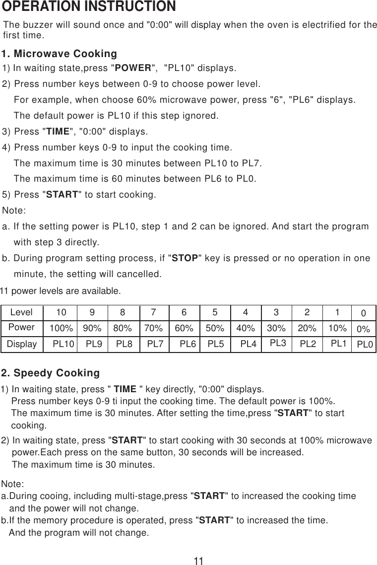 111. Microwave Cooking2. Speedy CookingThe buzzer will sound once and &quot;0:00&quot; will display when the oven is electrified for thefirst time.OPERATION INSTRUCTION1) In waiting state,press &quot;POWER&quot;,  &quot;PL10&quot; displays.2) Press number keys between 0-9 to choose power level.    For example, when choose 60% microwave power, press &quot;6&quot;, &quot;PL6&quot; displays.    The default power is PL10 if this step ignored.3) Press &quot;TIME&quot;, &quot;0:00&quot; displays.4) Press number keys 0-9 to input the cooking time.    The maximum time is 30 minutes between PL10 to PL7.    The maximum time is 60 minutes between PL6 to PL0.5) Press &quot;START&quot; to start cooking.Note:a. If the setting power is PL10, step 1 and 2 can be ignored. And start the program    with step 3 directly.b. During program setting process, if &quot;STOP&quot; key is pressed or no operation in one    minute, the setting will cancelled.1) In waiting state, press &quot; TIME &quot; key directly, &quot;0:00&quot; displays.    Press number keys 0-9 ti input the cooking time. The default power is 100%.    The maximum time is 30 minutes. After setting the time,press &quot;START&quot; to start    cooking.11 power levels are available.LevelPower10100%990%880%770%660%550%440%330%220%110%PL10 PL9 PL8 PL7 PL6 PL5 PL4 PL3 PL2 PL100%PL02) In waiting state, press &quot;START&quot; to start cooking with 30 seconds at 100% microwave    power.Each press on the same button, 30 seconds will be increased.    The maximum time is 30 minutes.Note:a.During cooing, including multi-stage,press &quot;START&quot; to increased the cooking time   and the power will not change.b.If the memory procedure is operated, press &quot;START&quot; to increased the time.   And the program will not change.Display