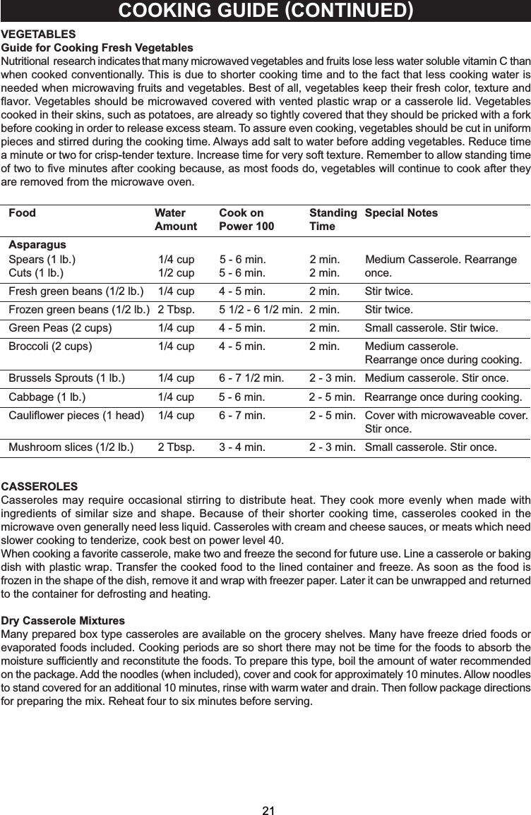 VEGETABLESGuide for Cooking Fresh VegetablesNutrition research indicates that many microwaved vegetables and fruits lose less water soluble vitamin C thanwhen cooked conventionally. This is due to shorter cooking time and to the fact that less cooking water isneeded when microwaving fruits and vegetables. Best of all, vegetables keep their fresh color, texture andflavor. Vegetables should be microwaved covered with vented plastic wrap or a casserole lid. Vegetablescooked in their skins, such as potatoes, are already so tightly covered that they should be pricked with a forkbefore cooking in order to release excess steam. To assure even cooking, vegetables should be cut in uniformpieces and stirred during the cooking time. Always add salt to water before adding vegetables. Reduce timea minute or two for crisp-tender texture. Increase time for very soft texture. Remember to allow standing timeof two to five minutes after cooking because, as most foods do, vegetables will continue to cook after theyare removed from the microwave oven.COOKING GUIDE (CONTINUED)CASSEROLESCasseroles may require occasional stirring to distribute heat. They cook more evenly when made withingredients of similar size and shape. Because of their shorter cooking time, casseroles cooked in themicrowave oven generally need less liquid. Casseroles with cream and cheese sauces, or meats which needslower cooking to tenderize, cook best on power level 40.When cooking a favorite casserole, make two and freeze the second for future use. Line a casserole or bakingdish with plastic wrap. Transfer the cooked food to the lined container and freeze. As soon as the food isfrozen in the shape of the dish, remove it and wrap with freezer paper. Later it can be unwrapped and returnedto the container for defrosting and heating.Dry Casserole MixturesMany prepared box type casseroles are available on the grocery shelves. Many have freeze dried foods orevaporated foods included. Cooking periods are so short there may not be time for the foods to absorb themoisture sufficiently and reconstitute the foods. To prepare this type, boil the amount of water recommendedon the package. Add the noodles (when included), cover and cook for approximately 10 minutes. Allow noodlesto stand covered for an additional 10 minutes, rinse with warm water and drain. Then follow package directionsfor preparing the mix. Reheat four to six minutes before serving.21alFood Water Cook on Standing Special NotesAmount Power 100 TimeAsparagusSpears (1 lb.) 1/4 cup 5 - 6 min. 2 min. Medium Casserole. RearrangeCuts (1 lb.) 1/2 cup 5 - 6 min. 2 min. once.Fresh green beans (1/2 lb.) 1/4 cup 4 - 5 min. 2 min. Stir twice.Frozen green beans (1/2 lb.) 2 Tbsp. 5 1/2 - 6 1/2 min. 2 min. Stir twice.Green Peas (2 cups) 1/4 cup 4 - 5 min. 2 min. Small casserole. Stir twice.Broccoli (2 cups) 1/4 cup 4 - 5 min. 2 min. Medium casserole.Rearrange once during cooking.Brussels Sprouts (1 lb.) 1/4 cup 6 - 7 1/2 min. 2 - 3 min. Medium casserole. Stir once.Cabbage (1 lb.) 1/4 cup 5 - 6 min. 2 - 5 min. Rearrange once during cooking.Cauliflower pieces (1 head) 1/4 cup 6 - 7 min. 2 - 5 min. Cover with microwaveable cover.Stir once.Mushroom slices (1/2 lb.) 2 Tbsp. 3 - 4 min. 2 - 3 min. Small casserole. Stir once.