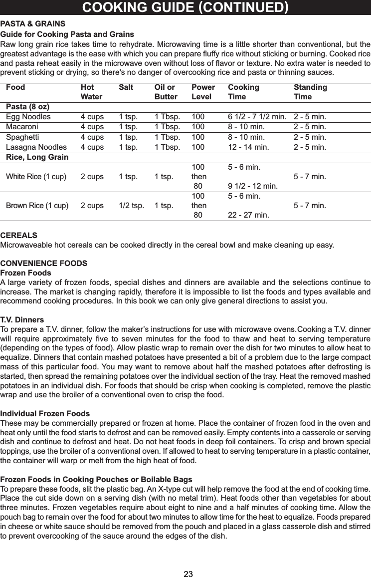 PASTA &amp; GRAINSGuide for Cooking Pasta and GrainsRaw long grain rice takes time to rehydrate. Microwaving time is a little shorter than conventional, but thegreatest advantage is the ease with which you can prepare fluffy rice without sticking or burning. Cooked riceand pasta reheat easily in the microwave oven without loss of flavor or texture. No extra water is needed toprevent sticking or drying, so there&apos;s no danger of overcooking rice and pasta or thinning sauces.Food Hot Salt Oil or Power Cooking StandingWater Butter Level Time TimePasta (8 oz)Egg Noodles 4 cups 1 tsp. 1 Tbsp. 100 6 1/2 - 7 1/2 min. 2-5min.Macaroni 4cups 1tsp. 1Tbsp. 100 8-10min. 2-5min.Spaghetti 4 cups 1 tsp. 1 Tbsp. 100 8 - 10 min. 2-5min.Lasagna Noodles 4 cups 1 tsp. 1 Tbsp. 100 12 - 14 min. 2-5min.Rice, Long Grain100 5-6min.WhiteRice(1cup) 2cups 1tsp. 1tsp. then 5-7min.80 9 1/2 - 12 min.100 5-6min.BrownRice(1cup) 2cups 1/2tsp. 1tsp. then 5-7min.80 22 - 27 min.COOKING GUIDE (CONTINUED)CEREALSMicrowaveable hot cereals can be cooked directly in the cereal bowl and make cleaning up easy.CONVENIENCE FOODSFrozen FoodsA large variety of frozen foods, special dishes and dinners are available and the selections continue toincrease. The market is changing rapidly, therefore it is impossible to list the foods and types available andrecommend cooking procedures. In this book we can only give general directions to assist you.T.V. Dinnersa T.V. dinnerwill require approximately five to seven minutes for the food to thaw and heat to serving temperature(depending on the types of food). Allow plastic wrap to remain over the dish for two minutes to allow heat toequalize. Dinners that contain mashed potatoes have presented a bit of a problem due to the large compactmass of this particular food. You may want to remove about half the mashed potatoes after defrosting isstarted, then spread the remaining potatoes over the individual section of the tray. Heat the removed mashedpotatoes in an individual dish. For foods that should be crisp when cooking is completed, remove the plasticwrap and use the broiler of a conventional oven to crisp the food.Individual Frozen FoodsThese may be commercially prepared or frozen at home. Place the container of frozen food in the oven andheat only until the food starts to defrost and can be removed easily. Empty contents into a casserole or servingdish and continue to defrost and heat. Do not heat foods in deep foil containers. To crisp and brown specialtoppings, use the broiler of a conventional oven. If allowed to heat to serving temperature in a plastic container,the container will warp or melt from the high heat of food.Frozen Foods in Cooking Pouches or Boilable BagsTo prepare these foods, slit the plastic bag. An X-type cut will help remove the food at the end of cooking time.Place the cut side down on a serving dish (with no metal trim). Heat foods other than vegetables for aboutthree minutes. Frozen vegetables require about eight to nine and a half minutes of cooking time. Allow thepouch bag to remain over the food for about two minutes to allow time for the heat to equalize. Foods preparedin cheese or white sauce should be removed from the pouch and placed in a glass casserole dish and stirredto prevent overcooking of the sauce around the edges of the dish.23To prepare a T.V. dinner, follow the maker’s instructions for use with microwave ovens.Cooking