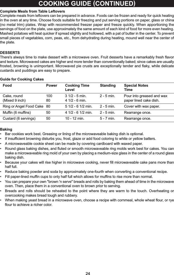 Complete Meals from Table LeftoversComplete meals from leftovers can be prepared in advance. Foods can be frozen and ready for quick heatingin the oven at any time. Choose foods suitable for freezing and put serving portions on paper, glass or china(no metal trim) plates. Wrap with recommended freezer paper and freeze quickly. When apportioning theservings of food on the plate, use approximately the same amount of each kind of food for more even heating.Mashed potatoes will heat quicker if spread slightly and hollowed, with a pat of butter in the center. To preventsmall pieces of vegetables, corn, peas, etc., from dehydrating during heating, mound well near the center ofthe plate.COOKING GUIDE (CONTINUED)DESSERTSThere&apos;s always time to make dessert with a microwave oven. Fruit desserts have a remarkably fresh flavorand texture. Microwaved cakes are higher and more tender than conventionally baked; since cakes are usuallyfrosted, browning is unimportant. Microwaved pie crusts are exceptionally tender and flaky, while delicatecustards and puddings are easy to prepare.Guide for Cooking CakesFood Power Cooking Time Standing Special NotesLevel TimeCake, round 100 3 1/2 - 5 min. 2 - 5 min. Pour into greased and wax(Mixed9inch) 80 41/2-6min. paper lined cake dish.Ring or Angel Food Cake 80 5 1/2-61/2min. 2-5min. Coverwithwaxpaper.Muffin(6muffins) 50 41/2-61/2min. 2-5min. Rearrange once.Custard (6 servings) 50 10 - 12 min. 5-7min. Rearrange once.Baking• Bar cookies work best. Greasing or lining of the microwaveable baking dish is optional.• If insufficient browning disturbs you, frost, glaze or add food coloring to white or yellow batters.• A microwaveable cookie sheet can be made by covering cardboard with waxed paper.• Round glass baking dishes, and fluted or smooth microwaveable ring molds work best for cakes. You canmake a microwaveable ring mold of your own by placing a medium-size glass in the center of a round glassbaking dish.• Because your cakes will rise higher in microwave cooking, never fill microwaveable cake pans more thanhalf full.• Reduce baking powder and soda by approximately one-fourth when converting a conventional recipe.• Fill paper-lined muffin cups to only half full which allows for muffins to rise more than normal.• You can prepare your own &quot;brown &apos;n serve&quot; breads and rolls by baking them ahead of time in the microwaveoven. Then, place them in a conventional oven to brown prior to serving.• Breads and rolls should be reheated to the point where they are warm to the touch. Overheating orovercooking makes bread tough and rubbery.• When making yeast bread in a microwave oven, choose a recipe with cornmeal, whole wheat flour, or ryeflour to achieve a richer color.24