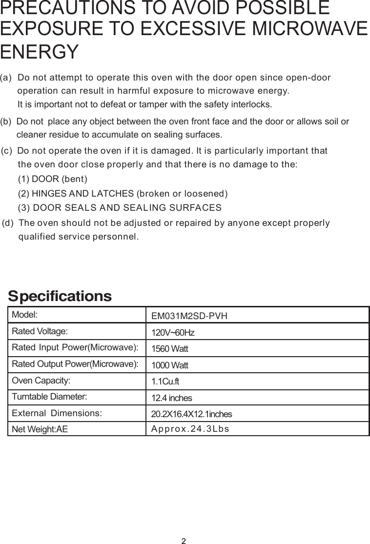 Page 2 of Midea Kitchen Appliances XM031MYY-PV4 Microwave Oven User Manual VG8XM031MYY PV4 