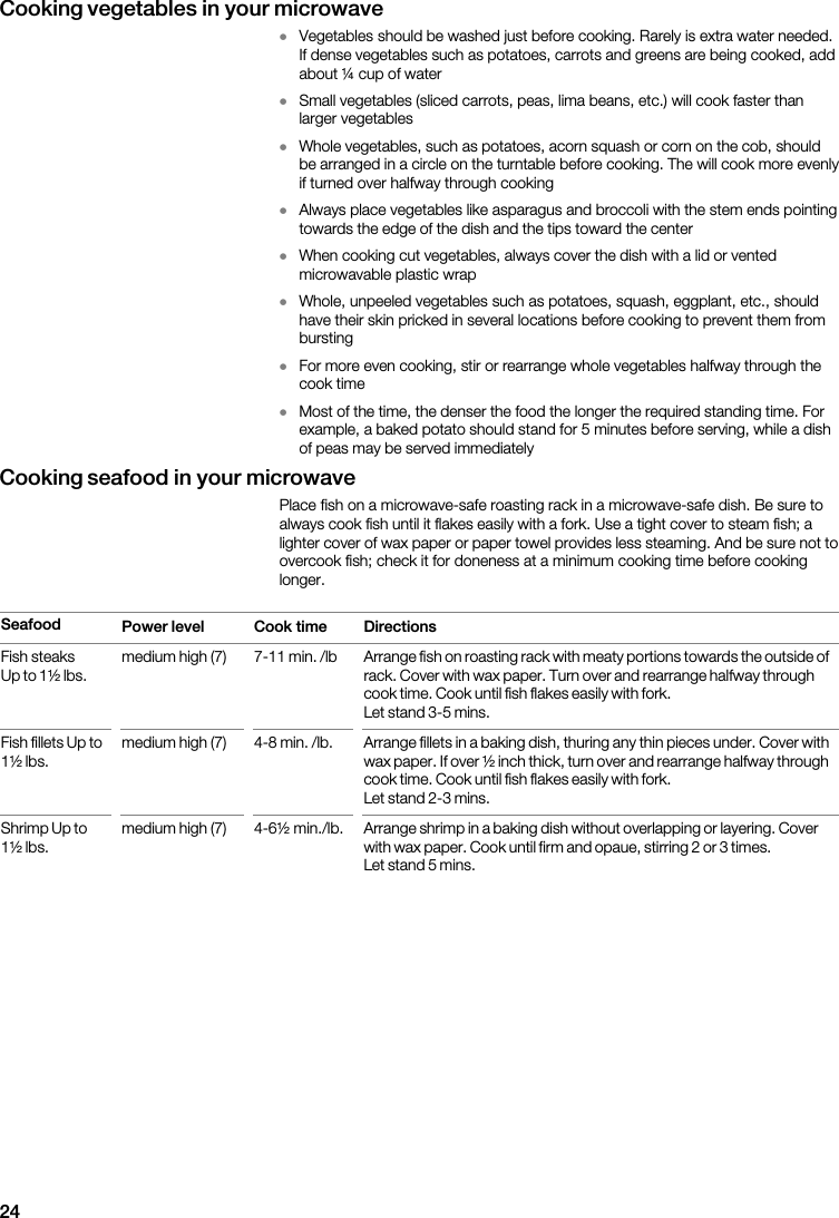 24Cooking  vegetables  in  your  microwaveD                                                      D                        D                                                              D                                            D                            D                                          D                        D                                                                Cooking  seafood  in  your  microwave                                                                                                                  Seafood Power  level Cook  time Directions                                                                                                                                                                                                                                          