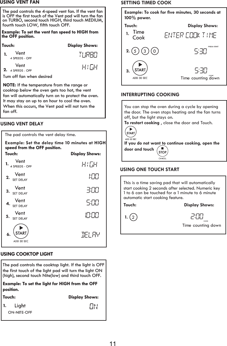 11Time counting down This is a time saving pad that will automaticallyTouch:                                     Display Shows:2start cooking 2 seconds after selected. Numeric key1 to 6 can be touched for a 1 minute to 6 minuteINTERRUPTING COOKINGYou can stop the oven during a cycle by opening the door. The oven stops heating and the fan turns oTo restart cooking , close the door and Touch.If you do not want to continue cooking, open the door and touch           ff, but the light stays on.automatic start cooking feature.Example: To cook for ﬁve minutes, 30 seconds at r.Touch:                                       Display Shows:1.2.05 3100% powe3.USING ONE TOUCH STARTSETTING TIMED COOK1.The pad controls the cooktop light. If the light is OFF Example: To set the light for HIGH from the OFFTouch:                                        Display Shows:1.the first touch of the light pad will turn the light ON()high , second touch Nite( )low and third touch OFF.position.USING COOKTOP LIGHT Example: To set the vent fan speed to HIGH fromTouch:                                        Display Shows:7XPRIIIDQZKHQGHVLUHGNOTE:  If the temperature from the range or cooktop below the oven gets too hot, the vent fan will automatically turn on to protect the oven.It may stay on up to an hour to cool the oven.  When this occurs, the Vent pad will not turn the  IDQRII1.2.The pad controls the 4-speed vent fan. If the vent fan USING VENT FANthe OFF position.is OFF the first touch of the Vent pad will turn the fanon TURBO, second touch HIGH, third touch MEDIUM, USING  VENT  DELAYfourth touch LOW, fifth touch OFF.Time counting down               Example: The pad controls the vent delay time. Set the delay time 10 minutes at HIGHTouch:                                        Display Shows:6.speed from the OFF position.1.2.3.4.5.