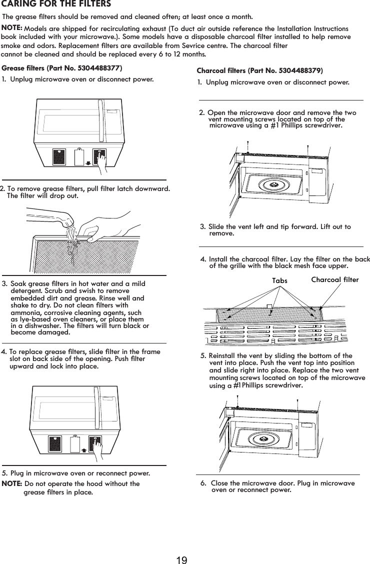 19CARING FOR THE FILTERS1.3.6RDNJUHDVHoOWHUVLQKRWZDWHUDQGDPLOG    detergent. Scrub and swish to remove     embedded dirt and grease. Rinse well and    shake to dry&apos;RQRWFOHDQoOWHUVZLWK    ammonia, corrosive cleaning agents, such 5. Plug in microwave oven or reconnect power.Unplug microwave oven or disconnect power.    as lye-based oven cleaners, or place them    in a dishwasher. The filters will turn black or     become damaged.NOTE: Do not operate the hood without the JUHDVHoOWHUVLQSODFe.2. Open the microwave door and remove the twovent mounting screws located on top of themicrowave using a #1 Phillips screwdriver.#1. Unplug microwave oven or disconnect power.3. Slide the vent left and tip forward. Lift out toremove.4. Install the charcoal filter. Lay the filter on the backof the grille with the black mesh face upper.Tabs Charcoal filter    vent into place. Push the vent top into position     oven or reconnect power. 1##    Phillips screwdriver.#    and slide right into place. Replace the two vent    screws located on top of the microwave #5. Reinstall the vent by sliding the bottom of the6.  Close the microwave door. Plug in microwave Grease filters (Part No. 5304488377) Charcoal filters (Part No. 5304488379)7KHJUHDVHoOWHUVVKRXOGEHUHPRYHGDQGFOHDQHGRIWHQDWOHDVWRQFHDPRQWh.NOTE:  FDQQRWEHFOHDQHGDQGVKRXOGEHUHSODFHGHYHry 6 to 12 months.smoke and odors. Replacement oOWHUs are available from S . The charcoal filterModels are shipped for recirculating exhaust (To duct air outside reference the Installation Instructionsbook included with your microwave.). Some models have a disposable charcoal filter installed to help remove    mounting    using a #4. TRUHSODFHJUHDVHoOWHUsVOLGHoOWHULQWKHIUDPH    slot on back side of the opening. PXVKoOWHU    upward and lock into place.2. To remove grease filters, pull filter latch downward.   The filter will drop out.evrice centre