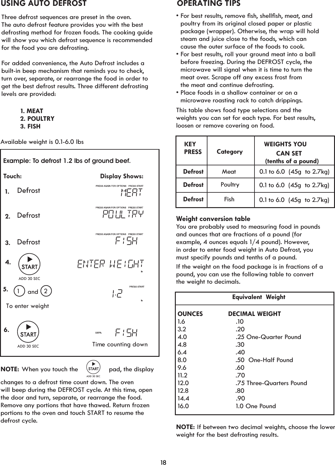 Three defrost sequences are preset in the oven.The auto defrost feature provides you with the best defrosting method for frozen foods. The cooking guidewill show you which defrost sequence is recommended for the food you are defrosting.For added convenience, the Auto Defrost includes a built-in beep mechanism that reminds you to check,turn over, separate, or rearrange the food in order to get the best defrost results7KUHHGLIIHUHQWGHIURVWLQJlevels are provided:vFor best resultsUHPRYHoVhVKHOOoVh, meat, and    poultry from its original closed paper or plastic    package (wrapper). Otherwise, the wrap will hold    steam and juice close to the foods, which can    cause the outer surface of the foods to cook.vFor best results, roll your ground meat into a ball    before freezing. During the DEFROST cycle, the    microwave will signal when it is time to turn the    meat over6FUDSHRIIDQ\H[FHVVIURVWIURP   the meat and continue defrosting.v3ODFHIRRGVLQDVKDOORZFRQWDLQHURURQD   microwave roasting rack to catch drippings.This table shows food type selections and the weights you can set for each type. For best results,loosen or remove covering on food.Weight conversion tableYou are probably used to measuring food in pounds and ounces that are fractions of a pound (for example, 4 ounces equals 1/4 pound). However,in order to enter food weight in Auto Defrost, youmust specify pounds and tenths of a pound.If the weight on the food package is in fractions of a pound, you can use the following table to convert Equivalent  WeightOUNCES       DECIMAL WEIGHT1.6                    .103.2                    .204.0                    .25 One-Quarter Pound4.8                    .306.4                    .408.0                    .50  One-Half Pound9.6                    .6011.2                    .7012.0                    .75 Three-Quarters Pound12.8                    .8014.4                    .9016.0                    1.0 One PoundNOTE:weight for the best defrosting results.the weight to decimals. If between two decimal weights, choose the lower  USING AUTO DEFROST OPERATING TIPS18WEIGHTS YOU                 CAN SET                                                 (tenths of a pound)        0.1 to 6.0  (45g  to 2.7kg)        0.1 to 6.0  (45g  to 2.7kg)KEYDefrost               Mea t       0.1 to 6.0  (45g  to 2.7kg)PRESSDefrostDefrostCategory         PoultryFish 2. POULTRY 3. FISHAvailable weight is 0.1-6.0 lbsNOTE: When you touch the pad, the displaychanges to a defrost time count down. The oven will beep during the DEFROST cycle. At this time, open the door and turn, separate, or rearrange the food.Remove any portions that have thawed. Return frozen portions to the oven and touch START to resume the defrost cycle. 1. MEATExample: To defrost 1.2 lbs of ground beef.Touch:                                          Display Shows: 1. .                                                1 2To enter weightand 2. 3. 4.                                           5.6Time counting down