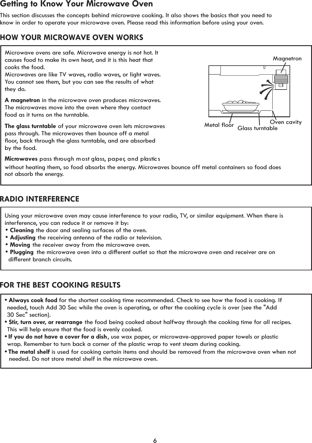 This section discusses the concepts behind microwave cooking. It also shows the basics that you need to know in order to operate your microwave oven. Please read this information before using your oven.HOW YOUR MICROWAVE OVEN WORKSMicrowave ovens are safe. Microwave energy is not hot. It causes food to make its own heat, and it is this heat that  cooks the food.Microwaves are like TV waves, radio waves, or light waves.You cannot see them, but you can see the results of what  they do.A magnetron in the microwave oven produces microwaves.The microwaves move into the oven where they contact food as it turns on the turntable.The glass turntable of your microwave oven lets microwaves pass through7KHPLFURZDYHVWKHQERXQFHRIIDPHWDOpRRr, back through the glass turntable, and are absorbed by the food.Mi pass through most glass, paper, and plasticswithout heating them, so food absorbs the energy0LFURZDYHVERXQFHRIIPHWDOFRQWDLQHUVVRIRRGGRHVnot absorb the energy.RADIO INTERFERENCEUsing your microwave oven may cause interference to your radio, TV, or similar equipment. When there is interference, you can reduce it or remove it by:the door and sealing surfaces of the oven. the receiving antenna of the radio or television. the receiver away from the microwave oven.WKHPLFURZDYHRYHQLQWRDGLçHUHQWRXWOHWVRWKDWWKHPLFURZDYHRYHQDQGUHFHLYHUDUHRQGLçHUHQWEUDQFKFLUFXLWs.FOR THE BEST COOKING RESULTSv$OZD\VFRRNIRRG for the shortest cooking time recommended. Check to see how the food is cooking. If   needed, touch Add 30 Sec while the oven is operating, or after the cooking cycle is over (see the &quot;Add  30 Sec&quot; section).v6WLr, turn over, or rearrange the food being cooked about halfway through the cooking time for all recipes.   This will help ensure that the food is evenly cooked.vIf you do not have a cover for a dish, use wax paper, or microwave-approved paper towels or plastic wrap. Remember to turn back a corner of the plastic wrap to vent steam during cooking.DANGER  Oven cavityMagnetroncrowavesGetting to Know Your Microwave Oven Cleaning Adjusting Moving PluggingGlass turntableMetal floorvis used for cooking certain items and should be remove from the microwave oven when notThe metal shelf  needed. Do not store metal shelf in the microwave oven.d6