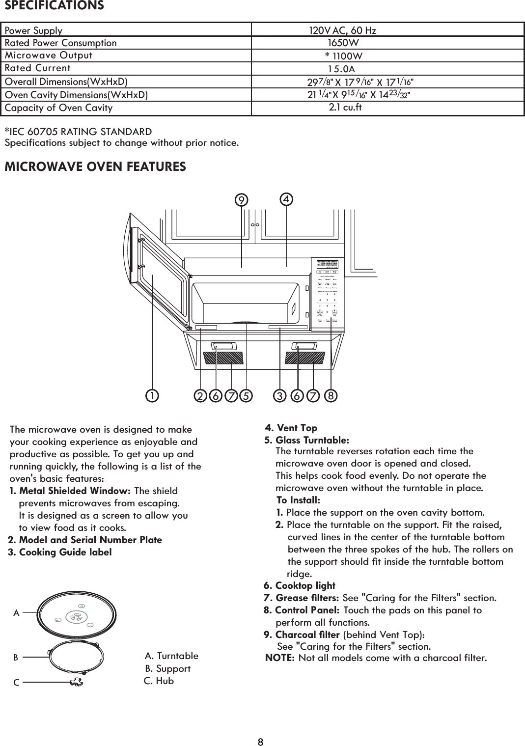 SPECIFICATIONSPower Supply                                                                             120V  AC, 60  HzRated Power Consumption                                                               1650WMicrowave OutputR15.0AOverall Dimensions(WxHxD)                          7 29   / 8&quot;  X  17   X   171/ 16&quot;Oven  Cavity Dimensions(WxHxD)                                       21  X 9 &quot;X   14Capacity of Oven Cavity                                                               2.1 cu.ft*IEC 60705 RATING STANDARD6SHFLILFDWLRQVVXEMHFWWRFKDQJHZLWKRXWSULRUQRWLFHMICROWAVE OVEN FEATURES1/ 32&quot;4&quot;ated Current                          9   / 16&quot;The microwave oven is designed to makeyour cooking experience as enjoyable and productive as possible. To get you up andrunning quickly, the following is a list of the oven&apos;s basic features:1. Metal Shielded Window:    prevents microwaves from escaping.    It is designed as a screen to allow you     to view food as it cooks.2. Model and Serial Number Plate3. Cooking Guide labelA. Turntable                                      C. Hub                                      B. Support4. Vent Top5. Glass Turntable:6. Cooktop light*UHDVHoOWHUV8. Control Panel: Touch the pads on this panel to     perform all functions.&amp;KDUFRDOoOWHU12 3456 67 7 89 A B C*W    The turntable reverses rotation each time the    microwave oven door is opened and closed.     This helps cook food evenly. Do not operate the     microwave oven without the turntable in place.To Install: Place the support on the oven cavity bottom.2. Place the turntable on the support. Fit the raised,     curved lines in the center of the turntable bottom     between the three spokes of the hub. The rollers onWKHVXSSRUWVKRXOGoWinside the turntable bottom See &quot;Caring for the Filters&quot; section. The shield ridge. See &quot;Caring for the Filters&quot; section. (behind Vent Top):NOTE: Not all models come with a charcoal filter.815/16  23/1100