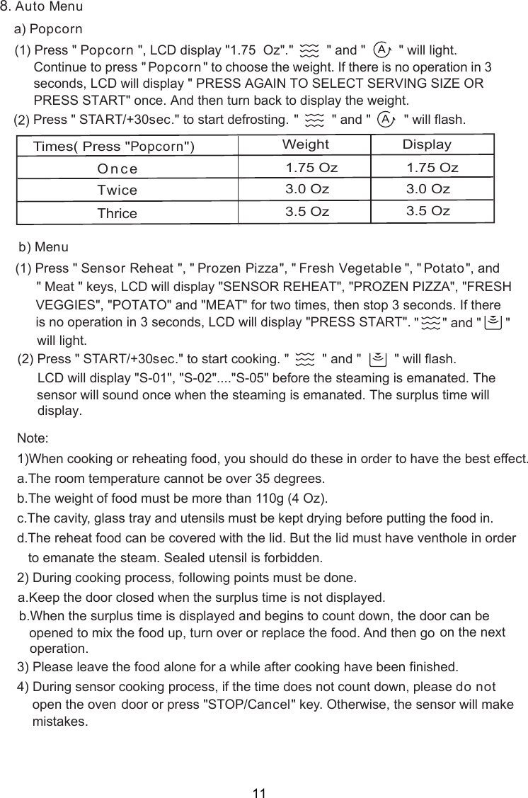 OnceTwiceThrice3.0 Oz1.75 Oz3.5 OzTimes( Press &quot;Popcorn&quot;) Weight Display8.    (1) Press &quot; P &quot;, LCD display &quot;1.75  Oz&quot;.3.0 Oz1.75 Oz3.5 Oz Auto Menu a) Popcornopcorn &quot;         &quot; and &quot;         &quot; will  .    Continue to press &quot; Popcorn  &quot; to choose the weight. If there is no operation in 3    seconds, LCD will display &quot; PRESS AGAIN TO SELECT SERVING SIZE OR     PRESS  START&quot; .  once  And  then  turn  back  to  display  the  weight.(  Press &quot; START/+30 .&quot; to start  ng.sec defrosti &quot;         &quot; and &quot;         &quot; will flash.light2)  ) b Menu    (1) Press &quot;   &quot;, &quot;                       &quot;, &quot;                         Sensor Reheat Prozen Pizza Fresh Vegetable PotatoMeat &quot;, &quot;            &quot;, and &quot;          &quot; keys, LCD will display &quot;SENSOR REHEAT&quot;, &quot;PROZEN PIZZA&quot;, &quot;FRESH   VEGGIES&quot;, &quot;POTATO&quot; and &quot;MEAT&quot; for two times, then stop 3 seconds. If there  is no operation in 3 seconds, LCD will display &quot;PRESS START&quot;. &quot;         &quot; and &quot;  &quot; will  .lightsensor will sound once when the steaming is emanated. The surplus time will (  Press &quot; START/+30 .&quot; to start  ng.sec &quot;         &quot; and &quot;         &quot; will flash.2) cooki LCD will display &quot;S-01&quot;, &quot;S-02&quot;....&quot;S-05&quot; before the steaming is emanated. The display.2) During cooking process, following points must be done.    a.Keep the door closed when the surplus time is not displayed.    b.When the surplus time is displayed and begins to count down, the door can be opened to mix the food up, turn over or replace the food. And then go       on the next 3) Please leave the food alone for a while after cooking have been finished.4) During sensor cooking process, if the time does not count down, please do not    door or press &quot;STOP/Cancel&quot; key. Otherwise, the sensor will make d.The reheat food can be covered with the lid. But the lid must have venthole in order    to emanate the steam. Sealed utensil is forbidden.Note:1)When cooking or reheating food, you should do these in order to have the best effect.a.The room temperature cannot be over 35 degrees.b.The weight of food must be more than 110g (4 Oz).c.The cavity, glass tray and utensils must be kept drying before putting the food in.operation.open the ovenmistakes.11
