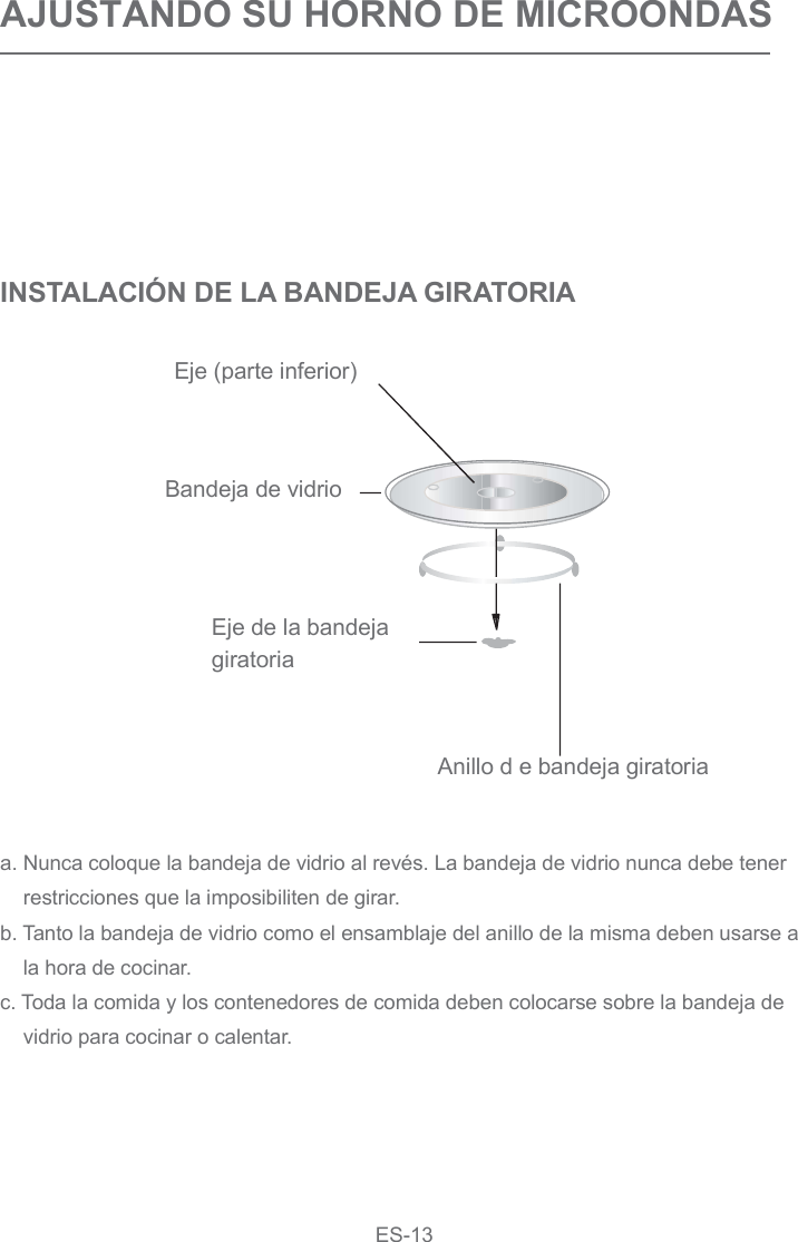 AJUSTANDO SU HORNO DE MICROONDASINSTALACIÓN DE LA BANDEJA GIRATORIA        Anillo d e bandeja giratoriaEje de la bandejagiratoriaEje (parte inferior)Bandeja de vidrioa. Nunca coloque la bandeja de vidrio al revés. La bandeja de vidrio nunca debe tener restricciones que la imposibiliten de girar.b. Tanto la bandeja de vidrio como el ensamblaje del anillo de la misma deben usarse a la hora de cocinar.c. Toda la comida y los contenedores de comida deben colocarse sobre la bandeja de vidrio para cocinar o calentar.ES-13