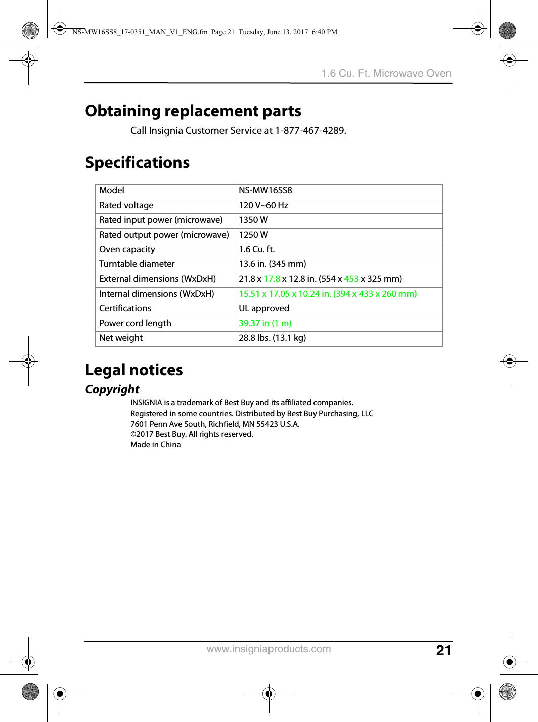 211.6 Cu. Ft. Microwave Ovenwww.insigniaproducts.comObtaining replacement partsCall Insignia Customer Service at 1-877-467-4289.SpecificationsLegal noticesCopyrightINSIGNIA is a trademark of Best Buy and its affiliated companies.Registered in some countries. Distributed by Best Buy Purchasing, LLC7601 Penn Ave South, Richfield, MN 55423 U.S.A.©2017 Best Buy. All rights reserved.Made in ChinaModel NS-MW16SS8Rated voltage 120 V~60 HzRated input power (microwave) 1350 WRated output power (microwave) 1250 WOven capacity 1.6 Cu. ft.Turntable diameter 13.6 in. (345 mm)External dimensions (WxDxH) 21.8 x 17.8 x 12.8 in. (554 x 453 x 325 mm)Internal dimensions (WxDxH) 15.51 x 17.05 x 10.24 in. (394 x 433 x 260 mm)Certifications UL approvedPower cord length 39.37 in (1 m)Net weight 28.8 lbs. (13.1 kg)NS-MW16SS8_17-0351_MAN_V1_ENG.fm  Page 21  Tuesday, June 13, 2017  6:40 PM