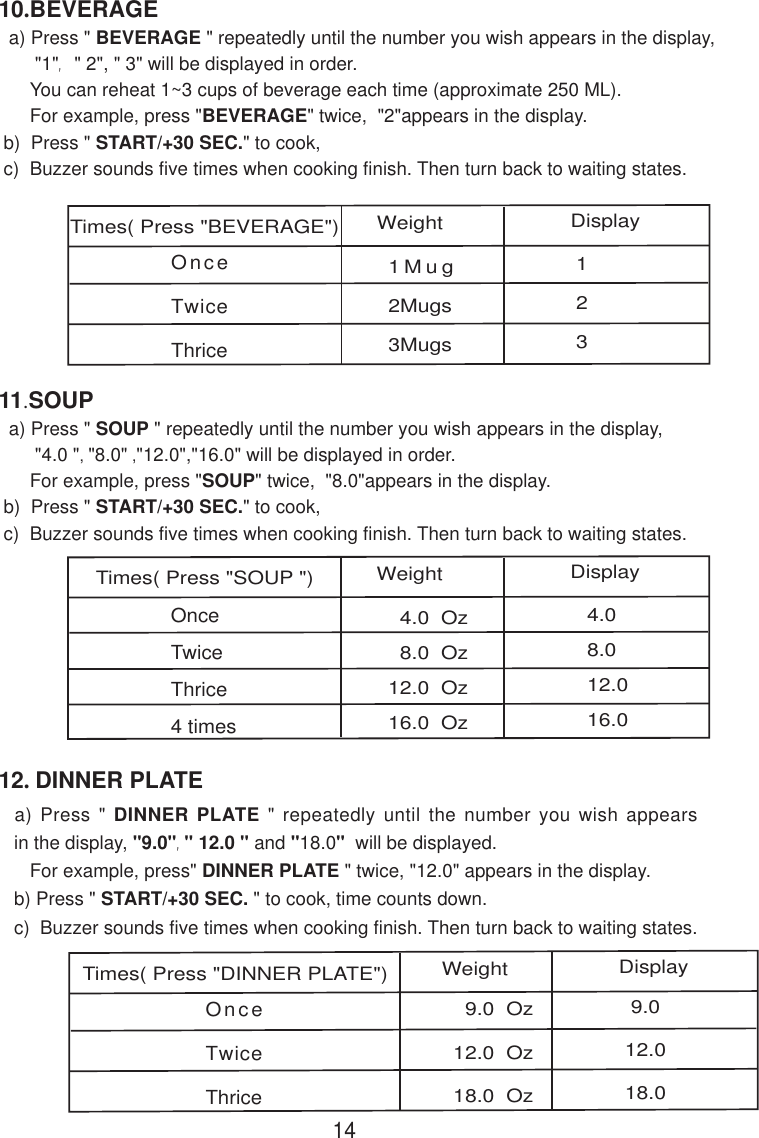 10.BEVERAGE  a) Press &quot; BEVERAGE &quot; repeatedly until the number you wish appears in the display,       &quot;1&quot;, &quot; 2&quot;, &quot; 3&quot; will be displayed in order.      You can reheat 1~3 cups of beverage each time (approximate 250 ML).      For example, press &quot;BEVERAGE&quot; twice,  &quot;2&quot;appears in the display. b)  Press &quot; START/+30 SEC.&quot; to cook, c)  Buzzer sounds five times when cooking finish. Then turn back to waiting states.1411.SOUP  a) Press &quot; SOUP &quot; repeatedly until the number you wish appears in the display,       &quot;4.0 &quot;, &quot;8.0&quot; ,&quot;12.0&quot;,&quot;16.0&quot; will be displayed in order.      For example, press &quot;SOUP&quot; twice,  &quot;8.0&quot;appears in the display. b)  Press &quot; START/+30 SEC.&quot; to cook, c)  Buzzer sounds five times when cooking finish. Then turn back to waiting states.  4.0  Oz  8.0  Oz12.0  Oz16.0  OzOnceTwiceThrice4 times  4.0  8.0  12.0  16.0Times( Press &quot;SOUP &quot;) Weight Display1Mug2Mugs3MugsOnceTwiceThrice123Times( Press &quot;BEVERAGE&quot;)Weight Display12. DINNER PLATE  a) Press &quot; DINNER PLATE &quot; repeatedly until the number you wish appears   in the display, &quot;9.0&quot;,&quot; 12.0 &quot; and &quot;18.0&quot;  will be displayed.      For example, press&quot; DINNER PLATE &quot; twice, &quot;12.0&quot; appears in the display.   b) Press &quot; START/+30 SEC. &quot; to cook, time counts down.   c)  Buzzer sounds five times when cooking finish. Then turn back to waiting states.  9.0  Oz12.0  Oz18.0  OzOnceTwiceThrice  9.0 12.0 18.0Times( Press &quot;DINNER PLATE&quot;) Weight Display