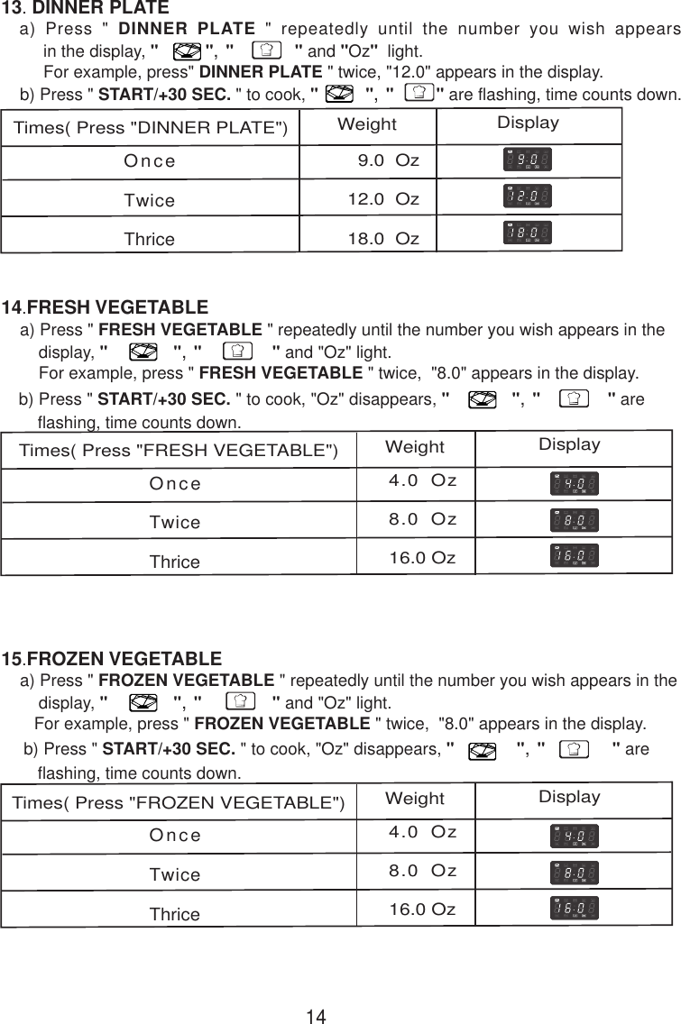14OnceTwiceThrice4.0 Oz8.0 Oz16.0 Oz  9.0  Oz12.0  Oz18.0  OzOnceTwiceThriceOnceTwiceThrice4.0 Oz8.0 Oz16.0 Oz13. DINNER PLATE  a) Press &quot; DINNER PLATE &quot; repeatedly until the number you wish appears         in the display, &quot;          &quot;, &quot;             &quot; and &quot;Oz&quot;  light.         For example, press&quot; DINNER PLATE &quot; twice, &quot;12.0&quot; appears in the display.    b) Press &quot; START/+30 SEC. &quot; to cook, &quot;          &quot;, &quot;         &quot; are flashing, time counts down.b) Press &quot; START/+30 SEC. &quot; to cook, &quot;Oz&quot; disappears, &quot;             &quot;, &quot;              &quot; are    flashing, time counts down.14.FRESH VEGETABLE    a) Press &quot; FRESH VEGETABLE &quot; repeatedly until the number you wish appears in the        display, &quot;              &quot;, &quot;               &quot; and &quot;Oz&quot; light.        For example, press &quot; FRESH VEGETABLE &quot; twice,  &quot;8.0&quot; appears in the display.Times( Press &quot;FRESH VEGETABLE&quot;)Weight DisplayTimes( Press &quot;DINNER PLATE&quot;) Weight Display b) Press &quot; START/+30 SEC. &quot; to cook, &quot;Oz&quot; disappears, &quot;             &quot;, &quot;              &quot; are    flashing, time counts down.15.FROZEN VEGETABLE    a) Press &quot; FROZEN VEGETABLE &quot; repeatedly until the number you wish appears in the        display, &quot;              &quot;, &quot;               &quot; and &quot;Oz&quot; light.       For example, press &quot; FROZEN VEGETABLE &quot; twice,  &quot;8.0&quot; appears in the display.Times( Press &quot;FROZEN VEGETABLE&quot;)Weight Display