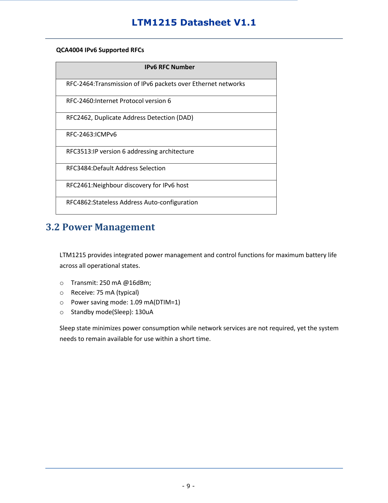 LTM1215 Datasheet V1.1    - 9 -    QCA4004 IPv6 Supported RFCs IPv6 RFC Number RFC-2464:Transmission of IPv6 packets over Ethernet networks RFC-2460:Internet Protocol version 6 RFC2462, Duplicate Address Detection (DAD) RFC-2463:ICMPv6 RFC3513:IP version 6 addressing architecture RFC3484:Default Address Selection RFC2461:Neighbour discovery for IPv6 host RFC4862:Stateless Address Auto-configuration 3.2 Power Management  LTM1215 provides integrated power management and control functions for maximum battery life across all operational states. o Transmit: 250 mA @16dBm; o Receive: 75 mA (typical) o Power saving mode: 1.09 mA(DTIM=1) o Standby mode(Sleep): 130uA Sleep state minimizes power consumption while network services are not required, yet the system needs to remain available for use within a short time.       