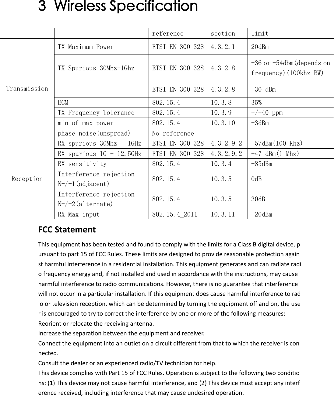 3 Wireless Specification       reference  section  limit Transmission TX Maximum Power  ETSI EN 300 328  4.3.2.1  20dBm TX Spurious 30Mhz-1Ghz  ETSI EN 300 328  4.3.2.8  -36 or -54dbm(depends on frequency)(100khz BW)     ETSI EN 300 328  4.3.2.8  -30 dBm ECM  802.15.4  10.3.8  35% TX Frequency Tolerance  802.15.4  10.3.9  +/-40 ppm min of max power  802.15.4  10.3.10  -3dBm phase noise(unspread)  No reference         Reception RX spurious 30Mhz - 1GHz  ETSI EN 300 328  4.3.2.9.2  -57dBm(100 Khz) RX spurious 1G - 12.5GHz  ETSI EN 300 328  4.3.2.9.2  -47 dBm(1 Mhz) RX sensitivity  802.15.4  10.3.4  -85dBm Interference rejection N+/-1(adjacent)  802.15.4  10.3.5  0dB Interference rejection N+/-2(alternate)  802.15.4  10.3.5  30dB RX Max input  802.15.4_2011  10.3.11  -20dBm FCC Statement This equipment has been tested and found to comply with the limits for a Class B digital device, pursuant to part 15 of FCC Rules. These limits are designed to provide reasonable protection against harmful interference in a residential installation. This equipment generates and can radiate radio frequency energy and, if not installed and used in accordance with the instructions, may cause harmful interference to radio communications. However, there is no guarantee that interference will not occur in a particular installation. If this equipment does cause harmful interference to radio or television reception, which can be determined by turning the equipment off and on, the user is encouraged to try to correct the interference by one or more of the following measures:  Reorient or relocate the receiving antenna.   Increase the separation between the equipment and receiver.    Connect the equipment into an outlet on a circuit different from that to which the receiver is connected.   Consult the dealer or an experienced radio/TV technician for help.   This device complies with Part 15 of FCC Rules. Operation is subject to the following two conditions: (1) This device may not cause harmful interference, and (2) This device must accept any interference received, including interference that may cause undesired operation.   