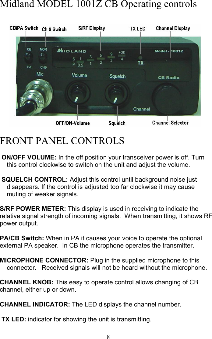 8Midland MODEL 1001Z CB Operating controls    FRONT PANEL CONTROLS   ON/OFF VOLUME: In the off position your transceiver power is off. Turn      this control clockwise to switch on the unit and adjust the volume.   SQUELCH CONTROL: Adjust this control until background noise just       disappears. If the control is adjusted too far clockwise it may cause       muting of weaker signals.  S/RF POWER METER: This display is used in receiving to indicate the relative signal strength of incoming signals.  When transmitting, it shows RF power output.  PA/CB Switch: When in PA it causes your voice to operate the optional external PA speaker.  In CB the microphone operates the transmitter.  MICROPHONE CONNECTOR: Plug in the supplied microphone to this      connector.   Received signals will not be heard without the microphone.  CHANNEL KNOB: This easy to operate control allows changing of CB channel, either up or down.   CHANNEL INDICATOR: The LED displays the channel number.   TX LED: indicator for showing the unit is transmitting.  