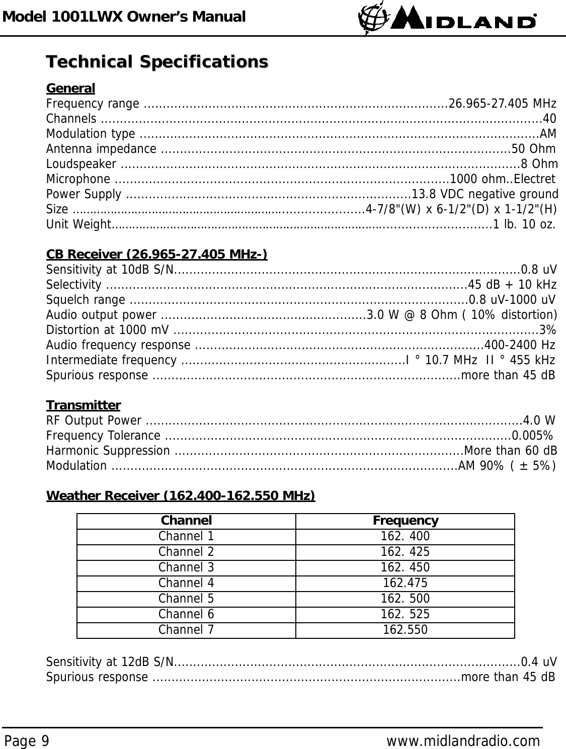 Model 1001LWX Owner’s ManualPage 9 www.midlandradio.comTechnical SpecificationsTechnical SpecificationsGeneralFrequency range ................................................................................26.965-27.405 MHzChannels ....................................................................................................................40Modulation type .........................................................................................................AMAntenna impedance ............................................................................................50 OhmLoudspeaker .........................................................................................................8 OhmMicrophone ........................................................................................1000 ohm..ElectretPower Supply ...........................................................................13.8 VDC negative groundSize …………………………………………………….......................4-7/8&quot;(W) x 6-1/2&quot;(D) x 1-1/2&quot;(H)Unit Weight……………………………………………………………………..............................1 lb. 10 oz.CB Receiver (26.965-27.405 MHz-)Sensitivity at 10dB S/N...........................................................................................0.8 uVSelectivity ...............................................................................................45 dB + 10 kHzSquelch range .........................................................................................0.8 uV-1000 uVAudio output power ......................................................3.0 W @ 8 Ohm ( 10% distortion)Distortion at 1000 mV ................................................................................................3%Audio frequency response ............................................................................400-2400 HzIntermediate frequency ...........................................................I ° 10.7 MHz  II ° 455 kHzSpurious response .................................................................................more than 45 dBTransmitterRF Output Power ...................................................................................................4.0 WFrequency Tolerance ...........................................................................................0.005%Harmonic Suppression ............................................................................More than 60 dBModulation ...........................................................................................AM 90% ( ± 5%)Weather Receiver (162.400-162.550 MHz)Sensitivity at 12dB S/N...........................................................................................0.4 uVSpurious response .................................................................................more than 45 dBChannel  FrequencyChannel 1 162. 400Channel 2 162. 425Channel 3 162. 450Channel 4 162.475Channel 5 162. 500Channel 6 162. 525Channel 7 162.550