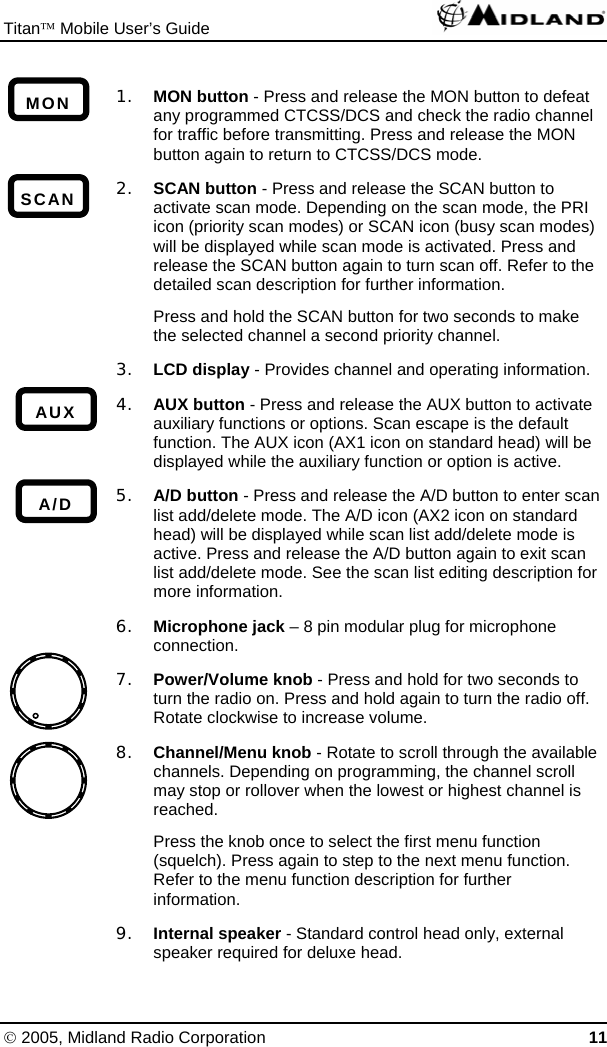 Titan™ Mobile User’s Guide   © 2005, Midland Radio Corporation 11 1. MON button - Press and release the MON button to defeat any programmed CTCSS/DCS and check the radio channel for traffic before transmitting. Press and release the MON button again to return to CTCSS/DCS mode. 2. SCAN button - Press and release the SCAN button to activate scan mode. Depending on the scan mode, the PRI icon (priority scan modes) or SCAN icon (busy scan modes) will be displayed while scan mode is activated. Press and release the SCAN button again to turn scan off. Refer to the detailed scan description for further information. Press and hold the SCAN button for two seconds to make the selected channel a second priority channel. 3. LCD display - Provides channel and operating information. 4. AUX button - Press and release the AUX button to activate auxiliary functions or options. Scan escape is the default function. The AUX icon (AX1 icon on standard head) will be displayed while the auxiliary function or option is active. 5. A/D button - Press and release the A/D button to enter scan list add/delete mode. The A/D icon (AX2 icon on standard head) will be displayed while scan list add/delete mode is active. Press and release the A/D button again to exit scan list add/delete mode. See the scan list editing description for more information. 6. Microphone jack – 8 pin modular plug for microphone connection. 7. Power/Volume knob - Press and hold for two seconds to turn the radio on. Press and hold again to turn the radio off. Rotate clockwise to increase volume. 8. Channel/Menu knob - Rotate to scroll through the available channels. Depending on programming, the channel scroll may stop or rollover when the lowest or highest channel is reached. Press the knob once to select the first menu function (squelch). Press again to step to the next menu function. Refer to the menu function description for further information. 9. Internal speaker - Standard control head only, external speaker required for deluxe head. MONSCANAUXA/D