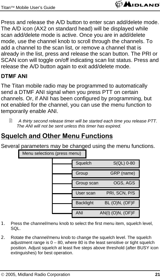 Titan™ Mobile User’s Guide   © 2005, Midland Radio Corporation 21 Press and release the A/D button to enter scan add/delete mode. The A/D icon (AX2 on standard head) will be displayed while scan add/delete mode is active. Once you are in add/delete mode, use the channel knob to scroll through the channels. To add a channel to the scan list, or remove a channel that is already in the list, press and release the scan button. The PRI or SCAN icon will toggle on/off indicating scan list status. Press and release the A/D button again to exit add/delete mode. DTMF ANI The Titan mobile radio may be programmed to automatically send a DTMF ANI signal when you press PTT on certain channels. Or, if ANI has been configured by programming, but not enabled for the channel, you can use the menu function to temporarily enable ANI.  A thirty second release timer will be started each time you release PTT. The ANI will not be sent unless this timer has expired. Squelch and Other Menu Functions Several parameters may be changed using the menu functions.        1.  Press the channel/menu knob to select the first menu item, squelch level, SQL. 2.  Rotate the channel/menu knob to change the squelch level. The squelch adjustment range is 0 – 80, where 80 is the least sensitive or tight squelch position. Adjust squelch at least five steps above threshold (after BUSY icon extinguishes) for best operation. Menu selections (press menu) Squelch S(QL) 0-80Group GRP (name)Group scan  OGS, AGSUser scan  PRI, SCN, P/SBacklight  BL (O)N, (OF)FANI AN(I) (O)N, (OF)F