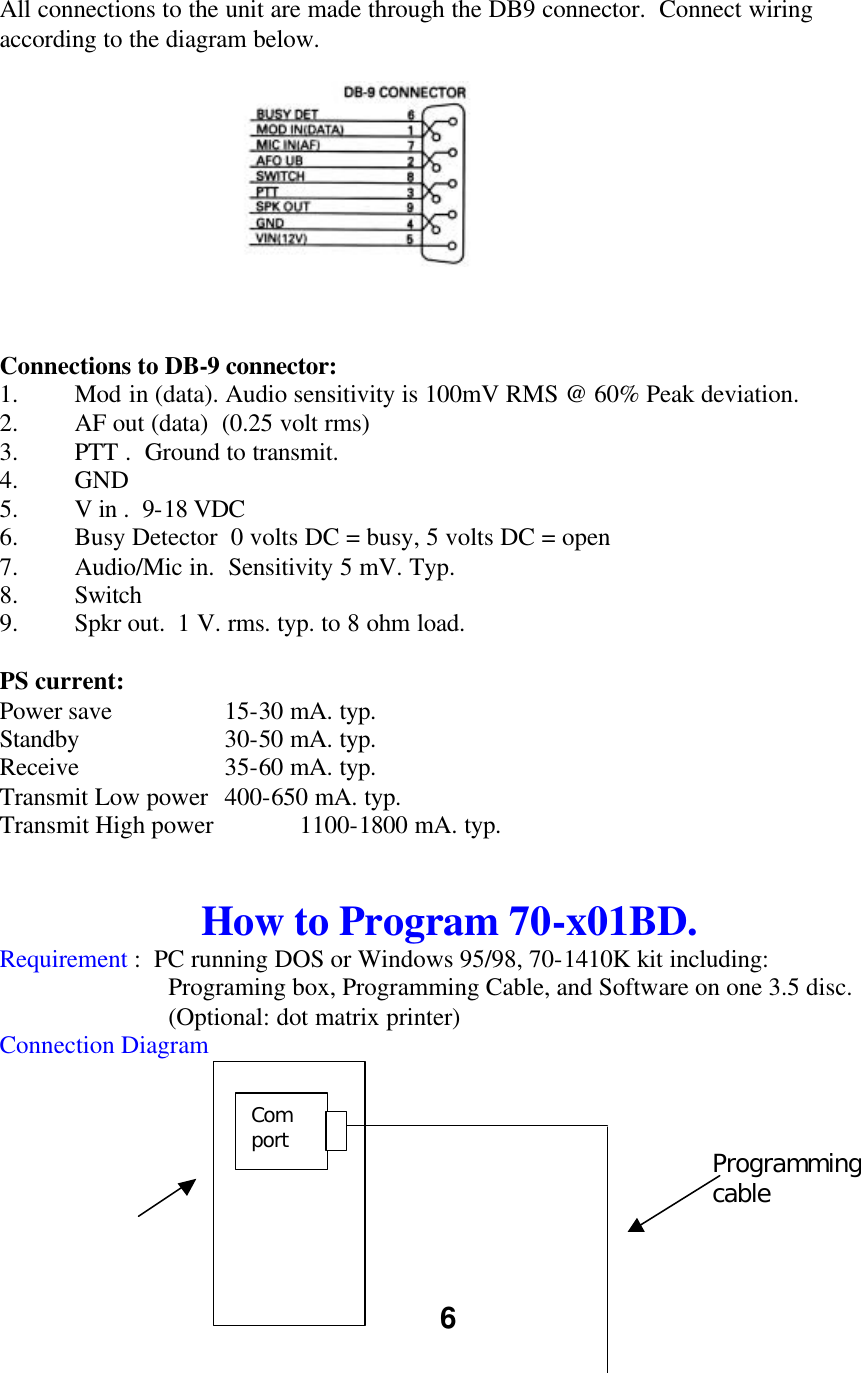 6    All connections to the unit are made through the DB9 connector.  Connect wiring according to the diagram below.    Connections to DB-9 connector: 1.  Mod in (data). Audio sensitivity is 100mV RMS @ 60% Peak deviation.  2.  AF out (data)  (0.25 volt rms) 3.  PTT .  Ground to transmit. 4.  GND 5.  V in .  9-18 VDC 6.  Busy Detector  0 volts DC = busy, 5 volts DC = open 7.  Audio/Mic in.  Sensitivity 5 mV. Typ.  8.  Switch   9.  Spkr out.  1 V. rms. typ. to 8 ohm load.  PS current: Power save       15-30 mA. typ. Standby      30-50 mA. typ. Receive      35-60 mA. typ. Transmit Low power   400-650 mA. typ. Transmit High power    1100-1800 mA. typ.   How to Program 70-x01BD. Requirement :  PC running DOS or Windows 95/98, 70-1410K kit including:   Programing box, Programming Cable, and Software on one 3.5 disc.  (Optional: dot matrix printer) Connection Diagram         Programming cable  Com port  