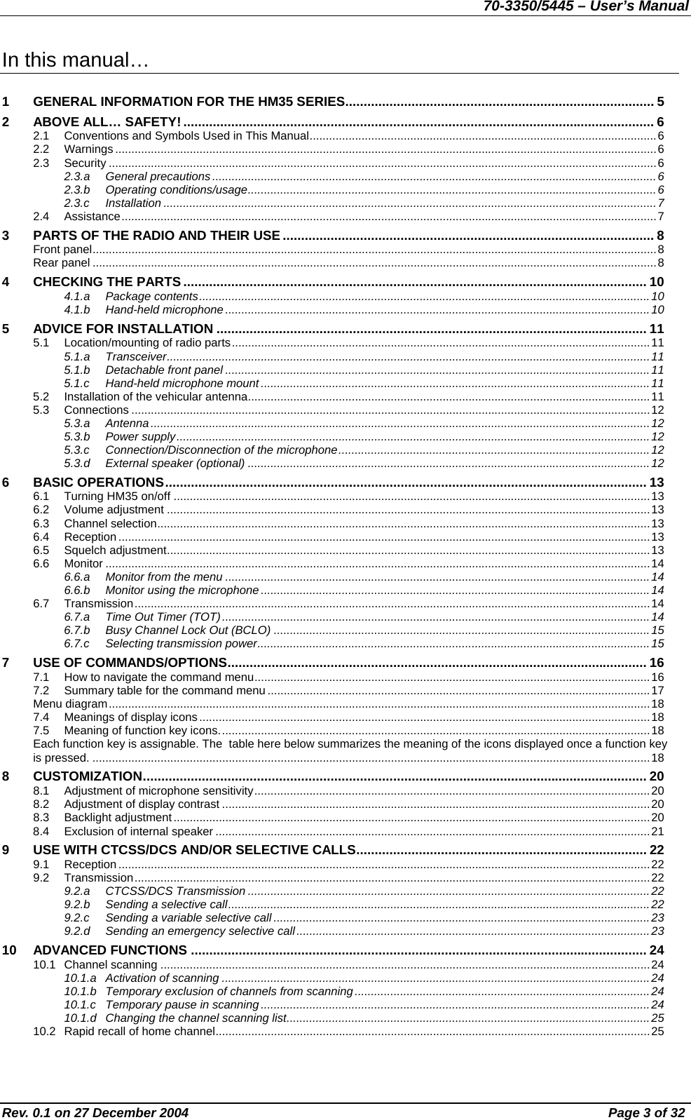 70-3350/5445 – User’s Manual In this manual…  1 GENERAL INFORMATION FOR THE HM35 SERIES.................................................................................... 5 2 ABOVE ALL… SAFETY! ................................................................................................................................ 6 2.1  Conventions and Symbols Used in This Manual...........................................................................................................6 2.2 Warnings.......................................................................................................................................................................6 2.3 Security .........................................................................................................................................................................6 2.3.a General precautions .........................................................................................................................................6 2.3.b Operating conditions/usage..............................................................................................................................6 2.3.c Installation ........................................................................................................................................................7 2.4 Assistance.....................................................................................................................................................................7 3  PARTS OF THE RADIO AND THEIR USE..................................................................................................... 8 Front panel..............................................................................................................................................................................8 Rear panel ..............................................................................................................................................................................8 4 CHECKING THE PARTS .............................................................................................................................. 10 4.1.a Package contents...........................................................................................................................................10 4.1.b Hand-held microphone ...................................................................................................................................10 5 ADVICE FOR INSTALLATION ..................................................................................................................... 11 5.1  Location/mounting of radio parts.................................................................................................................................11 5.1.a Transceiver.....................................................................................................................................................11 5.1.b  Detachable front panel ...................................................................................................................................11 5.1.c  Hand-held microphone mount ........................................................................................................................11 5.2  Installation of the vehicular antenna............................................................................................................................11 5.3 Connections ................................................................................................................................................................12 5.3.a Antenna..........................................................................................................................................................12 5.3.b Power supply..................................................................................................................................................12 5.3.c  Connection/Disconnection of the microphone................................................................................................12 5.3.d  External speaker (optional) ............................................................................................................................12 6 BASIC OPERATIONS................................................................................................................................... 13 6.1  Turning HM35 on/off ...................................................................................................................................................13 6.2 Volume adjustment .....................................................................................................................................................13 6.3 Channel selection........................................................................................................................................................13 6.4 Reception....................................................................................................................................................................13 6.5 Squelch adjustment.....................................................................................................................................................13 6.6 Monitor ........................................................................................................................................................................14 6.6.a  Monitor from the menu ...................................................................................................................................14 6.6.b  Monitor using the microphone........................................................................................................................14 6.7 Transmission...............................................................................................................................................................14 6.7.a Time Out Timer (TOT)....................................................................................................................................14 6.7.b  Busy Channel Lock Out (BCLO) ....................................................................................................................15 6.7.c  Selecting transmission power.........................................................................................................................15 7  USE OF COMMANDS/OPTIONS.................................................................................................................. 16 7.1  How to navigate the command menu..........................................................................................................................16 7.2  Summary table for the command menu......................................................................................................................17 Menu diagram.......................................................................................................................................................................18 7.4  Meanings of display icons...........................................................................................................................................18 7.5  Meaning of function key icons.....................................................................................................................................18 Each function key is assignable. The  table here below summarizes the meaning of the icons displayed once a function key is pressed. ............................................................................................................................................................................18 8 CUSTOMIZATION......................................................................................................................................... 20 8.1  Adjustment of microphone sensitivity..........................................................................................................................20 8.2  Adjustment of display contrast ....................................................................................................................................20 8.3 Backlight adjustment...................................................................................................................................................20 8.4  Exclusion of internal speaker ......................................................................................................................................21 9  USE WITH CTCSS/DCS AND/OR SELECTIVE CALLS............................................................................... 22 9.1 Reception....................................................................................................................................................................22 9.2 Transmission...............................................................................................................................................................22 9.2.a CTCSS/DCS Transmission ............................................................................................................................22 9.2.b  Sending a selective call..................................................................................................................................22 9.2.c  Sending a variable selective call ....................................................................................................................23 9.2.d  Sending an emergency selective call.............................................................................................................23 10 ADVANCED FUNCTIONS ............................................................................................................................ 24 10.1 Channel scanning .......................................................................................................................................................24 10.1.a  Activation of scanning ....................................................................................................................................24 10.1.b Temporary exclusion of channels from scanning...........................................................................................24 10.1.c  Temporary pause in scanning........................................................................................................................24 10.1.d  Changing the channel scanning list................................................................................................................25 10.2  Rapid recall of home channel......................................................................................................................................25 Rev. 0.1 on 27 December 2004  Page 3 of 32 