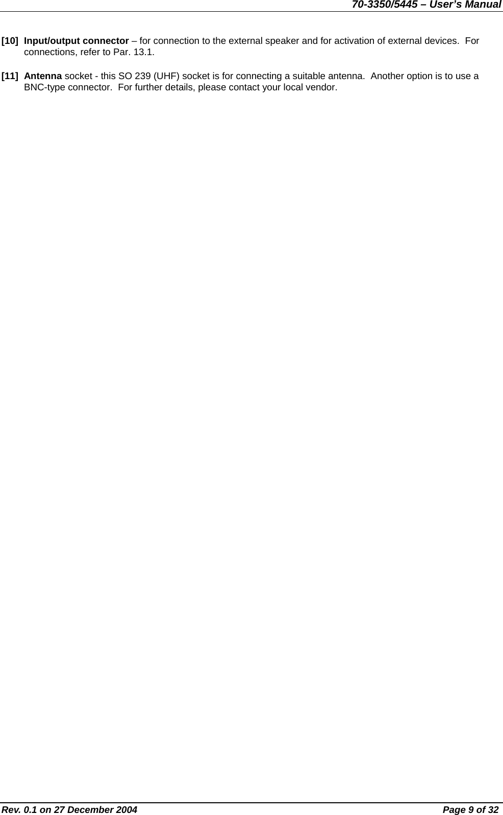 70-3350/5445 – User’s Manual [10] Input/output connector – for connection to the external speaker and for activation of external devices.  For connections, refer to Par. 13.1. [11] Antenna socket - this SO 239 (UHF) socket is for connecting a suitable antenna.  Another option is to use a BNC-type connector.  For further details, please contact your local vendor. Rev. 0.1 on 27 December 2004  Page 9 of 32 