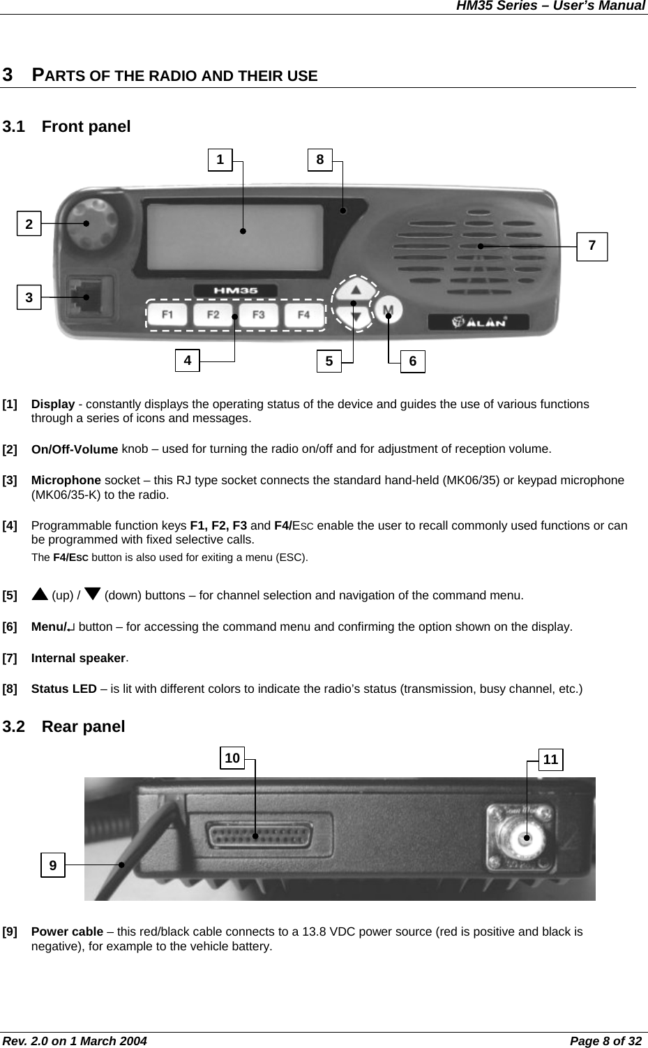 HM35 Series – User’s Manual Rev. 2.0 on 1 March 2004  Page 8 of 32 3 PARTS OF THE RADIO AND THEIR USE 3.1 Front panel [1] Display - constantly displays the operating status of the device and guides the use of various functions through a series of icons and messages. [2] On/Off-Volume knob – used for turning the radio on/off and for adjustment of reception volume. [3] Microphone socket – this RJ type socket connects the standard hand-held (MK06/35) or keypad microphone (MK06/35-K) to the radio. [4]  Programmable function keys F1, F2, F3 and F4/ESC enable the user to recall commonly used functions or can be programmed with fixed selective calls. The F4/ESC button is also used for exiting a menu (ESC). [5]   (up) /   (down) buttons – for channel selection and navigation of the command menu. [6] Menu/↵ button – for accessing the command menu and confirming the option shown on the display. [7] Internal speaker. [8] Status LED – is lit with different colors to indicate the radio’s status (transmission, busy channel, etc.) 3.2 Rear panel [9] Power cable – this red/black cable connects to a 13.8 VDC power source (red is positive and black is negative), for example to the vehicle battery. 9 10 11 3 7 2 651  84 