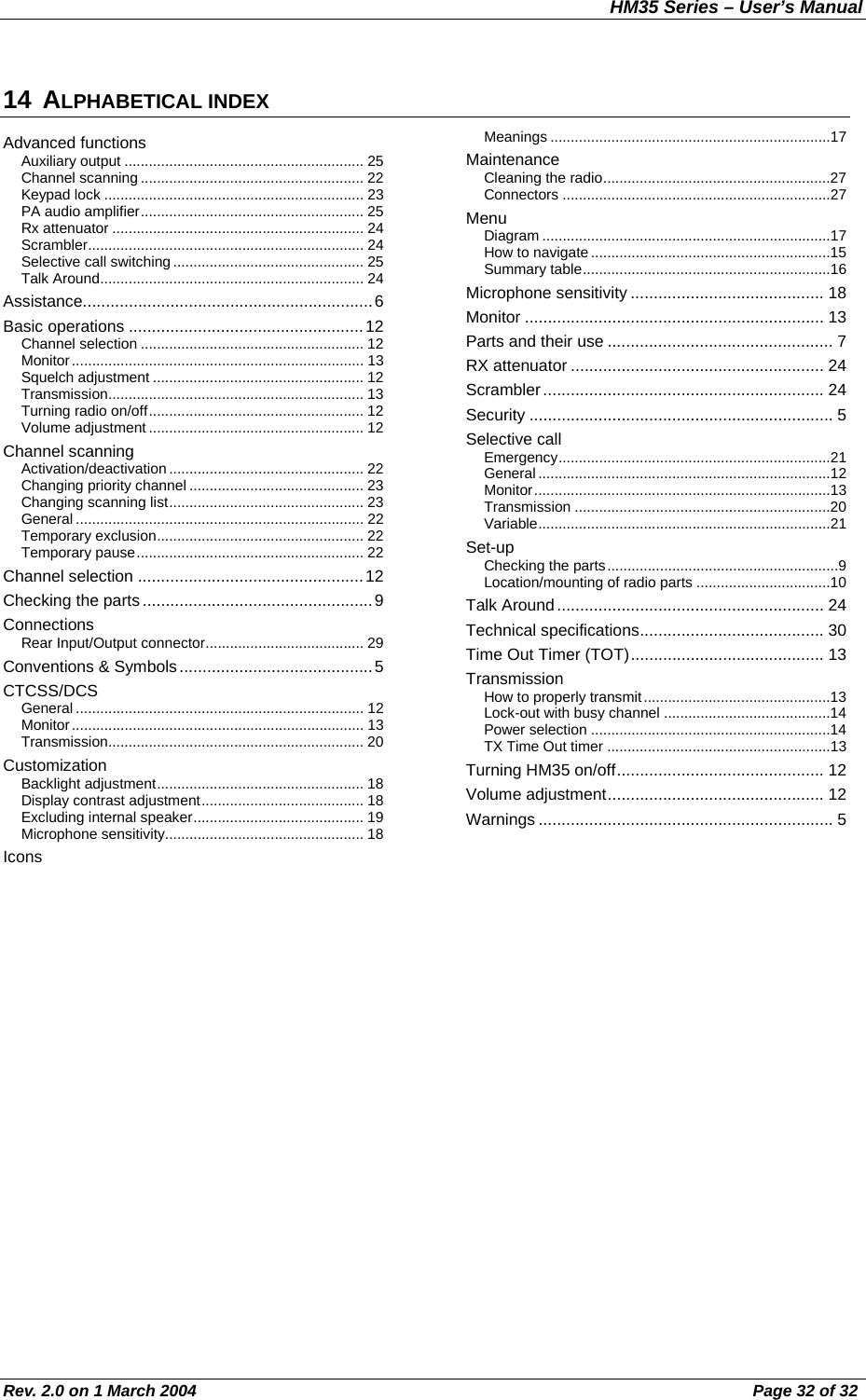 HM35 Series – User’s Manual Rev. 2.0 on 1 March 2004  Page 32 of 32 14 ALPHABETICAL INDEX Advanced functions Auxiliary output ........................................................... 25 Channel scanning....................................................... 22 Keypad lock ................................................................ 23 PA audio amplifier....................................................... 25 Rx attenuator .............................................................. 24 Scrambler.................................................................... 24 Selective call switching............................................... 25 Talk Around................................................................. 24 Assistance...............................................................6 Basic operations ...................................................12 Channel selection ....................................................... 12 Monitor........................................................................ 13 Squelch adjustment .................................................... 12 Transmission............................................................... 13 Turning radio on/off..................................................... 12 Volume adjustment ..................................................... 12 Channel scanning Activation/deactivation................................................ 22 Changing priority channel ........................................... 23 Changing scanning list................................................ 23 General ....................................................................... 22 Temporary exclusion................................................... 22 Temporary pause........................................................ 22 Channel selection .................................................12 Checking the parts..................................................9 Connections Rear Input/Output connector....................................... 29 Conventions &amp; Symbols..........................................5 CTCSS/DCS General ....................................................................... 12 Monitor........................................................................ 13 Transmission............................................................... 20 Customization Backlight adjustment................................................... 18 Display contrast adjustment........................................ 18 Excluding internal speaker.......................................... 19 Microphone sensitivity................................................. 18 Icons Meanings .....................................................................17 Maintenance Cleaning the radio........................................................27 Connectors ..................................................................27 Menu Diagram .......................................................................17 How to navigate ...........................................................15 Summary table.............................................................16 Microphone sensitivity .......................................... 18 Monitor ................................................................. 13 Parts and their use ................................................. 7 RX attenuator ....................................................... 24 Scrambler............................................................. 24 Security .................................................................. 5 Selective call Emergency...................................................................21 General........................................................................12 Monitor.........................................................................13 Transmission ...............................................................20 Variable........................................................................21 Set-up Checking the parts.........................................................9 Location/mounting of radio parts .................................10 Talk Around .......................................................... 24 Technical specifications........................................ 30 Time Out Timer (TOT).......................................... 13 Transmission How to properly transmit..............................................13 Lock-out with busy channel .........................................14 Power selection ...........................................................14 TX Time Out timer .......................................................13 Turning HM35 on/off............................................. 12 Volume adjustment............................................... 12 Warnings ................................................................ 5  