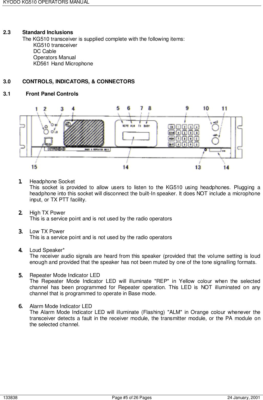 KYODO KG510 OPERATORS MANUAL133838 Page #5 of 26 Pages 24 January, 20012.3 Standard InclusionsThe KG510 transceiver is supplied complete with the following items:KG510 transceiverDC CableOperators ManualKD561 Hand Microphone3.0  CONTROLS, INDICATORS, &amp; CONNECTORS3.1  Front Panel Controls 1.1.1.1. Headphone SocketThis socket is provided to allow users to listen to the KG510 using headphones. Plugging aheadphone into this socket will disconnect the built-In speaker. It does NOT include a microphoneinput, or TX PTT facility.2.2.2.2. High TX PowerThis is a service point and is not used by the radio operators3.3.3.3. Low TX PowerThis is a service point and is not used by the radio operators4.4.4.4. Loud Speaker*The receiver audio signals are heard from this speaker (provided that the volume setting is loudenough and provided that the speaker has not been muted by one of the tone signalling formats.5.5.5.5. Repeater Mode Indicator LEDThe Repeater Mode Indicator LED will illuminate &quot;REP&quot; in Yellow colour when the selectedchannel has been programmed for Repeater operation. This LED is NOT illuminated on anychannel that is programmed to operate in Base mode.6.6.6.6. Alarm Mode Indicator LEDThe Alarm Mode Indicator LED will illuminate (Flashing) &quot;ALM&quot; in Orange colour whenever thetransceiver detects a fault in the receiver module, the transmitter module, or the PA module onthe selected channel.