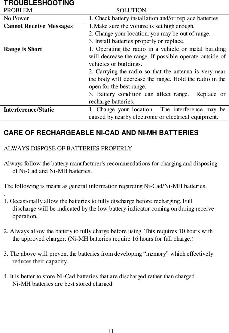 11TROUBLESHOOTINGPROBLEM SOLUTIONNo Power 1. Check battery installation and/or replace batteriesCannot Receive Messages 1. Make sure the volume is set high enough.2. Change your location, you may be out of range.3. Install batteries properly or replace.Range is Short 1. Operating the radio in a vehicle or metal buildingwill decrease the range. If possible operate outside ofvehicles or buildings.2. Carrying the radio so that the antenna is very nearthe body will decrease the range. Hold the radio in theopen for the best range.3. Battery condition can affect range.  Replace orrecharge batteries.Interference/Static 1. Change your location.  The interference may becaused by nearby electronic or electrical equipment.CARE OF RECHARGEABLE NI-CAD AND NI-MH BATTERIESALWAYS DISPOSE OF BATTERIES PROPERLYAlways follow the battery manufacturer&apos;s recommendations for charging and disposingof Ni-Cad and Ni-MH batteries.The following is meant as general information regarding Ni-Cad/Ni-MH batteries..1. Occasionally allow the batteries to fully discharge before recharging. Fulldischarge will be indicated by the low battery indicator coming on during receiveoperation.2. Always allow the battery to fully charge before using. This requires 10 hours withthe approved charger. (Ni-MH batteries require 16 hours for full charge.)3. The above will prevent the batteries from developing “memory” which effectivelyreduces their capacity.4. It is better to store Ni-Cad batteries that are discharged rather than charged.Ni-MH batteries are best stored charged.