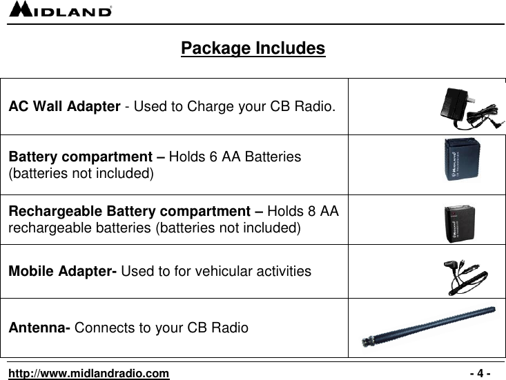   http://www.midlandradio.com                                                                                              - 4 - Package Includes  AC Wall Adapter - Used to Charge your CB Radio.  Battery compartment – Holds 6 AA Batteries (batteries not included)  Rechargeable Battery compartment – Holds 8 AA rechargeable batteries (batteries not included)  Mobile Adapter- Used to for vehicular activities  Antenna- Connects to your CB Radio  