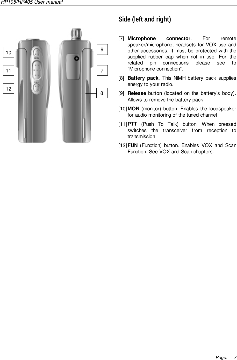 HP105/HP405 User manualPage. 7Side (left and right)[7]  Microphone connector. For remotespeaker/microphone, headsets for VOX use andother accessories. It must be protected with thesupplied rubber cap when not in use. For therelated pin connections please see to“Microphone connection”.[8]  Battery pack. This NiMH battery pack suppliesenergy to your radio.[9]  Release button (located on the battery’s body).Allows to remove the battery pack[10] MON (monitor) button. Enables the loudspeakerfor audio monitoring of the tuned channel[11] PTT (Push To Talk) button. When pressedswitches the transceiver from reception totransmission[12] FUN (Function) button. Enables VOX and ScanFunction. See VOX and Scan chapters.101112789