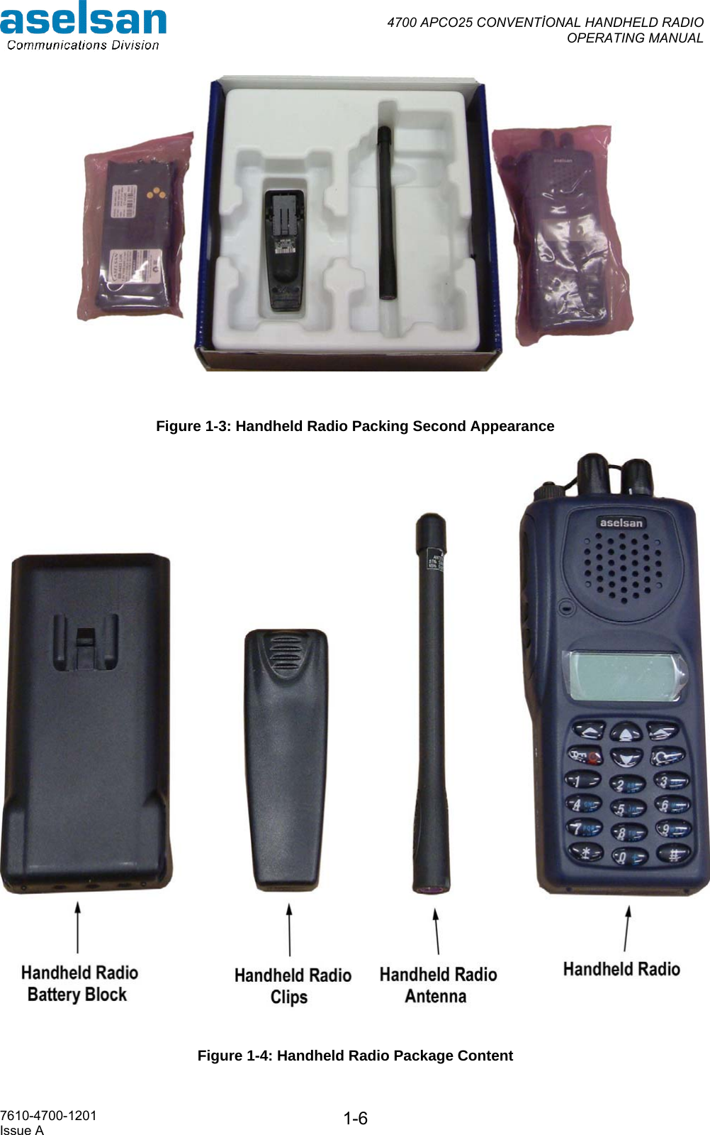  4700 APCO25 CONVENTİONAL HANDHELD RADIO  OPERATING MANUAL   7610-4700-1201 Issue A  1-6  Figure 1-3: Handheld Radio Packing Second Appearance  Figure 1-4: Handheld Radio Package Content 