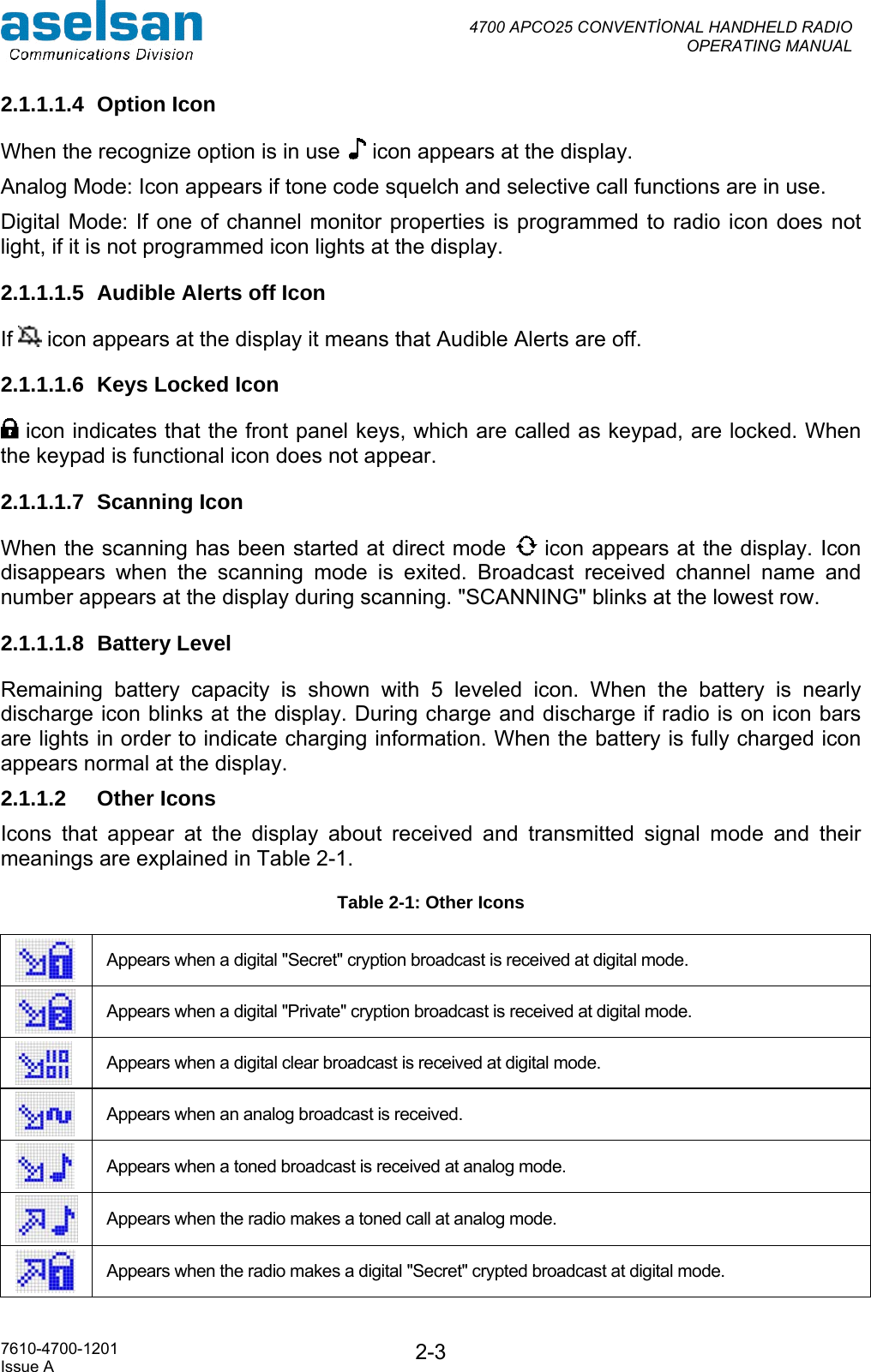  4700 APCO25 CONVENTİONAL HANDHELD RADIO  OPERATING MANUAL   7610-4700-1201 Issue A  2-32.1.1.1.4 Option Icon When the recognize option is in use   icon appears at the display. Analog Mode: Icon appears if tone code squelch and selective call functions are in use.  Digital Mode: If one of channel monitor properties is programmed to radio icon does not light, if it is not programmed icon lights at the display.  2.1.1.1.5 Audible Alerts off Icon If   icon appears at the display it means that Audible Alerts are off. 2.1.1.1.6  Keys Locked Icon  icon indicates that the front panel keys, which are called as keypad, are locked. When the keypad is functional icon does not appear.  2.1.1.1.7 Scanning Icon When the scanning has been started at direct mode   icon appears at the display. Icon disappears when the scanning mode is exited. Broadcast received channel name and number appears at the display during scanning. &quot;SCANNING&quot; blinks at the lowest row. 2.1.1.1.8 Battery Level Remaining battery capacity is shown with 5 leveled icon. When the battery is nearly discharge icon blinks at the display. During charge and discharge if radio is on icon bars are lights in order to indicate charging information. When the battery is fully charged icon appears normal at the display. 2.1.1.2 Other Icons Icons that appear at the display about received and transmitted signal mode and their meanings are explained in Table 2-1. Table 2-1: Other Icons  Appears when a digital &quot;Secret&quot; cryption broadcast is received at digital mode.  Appears when a digital &quot;Private&quot; cryption broadcast is received at digital mode.  Appears when a digital clear broadcast is received at digital mode.  Appears when an analog broadcast is received.  Appears when a toned broadcast is received at analog mode.  Appears when the radio makes a toned call at analog mode.  Appears when the radio makes a digital &quot;Secret&quot; crypted broadcast at digital mode. 