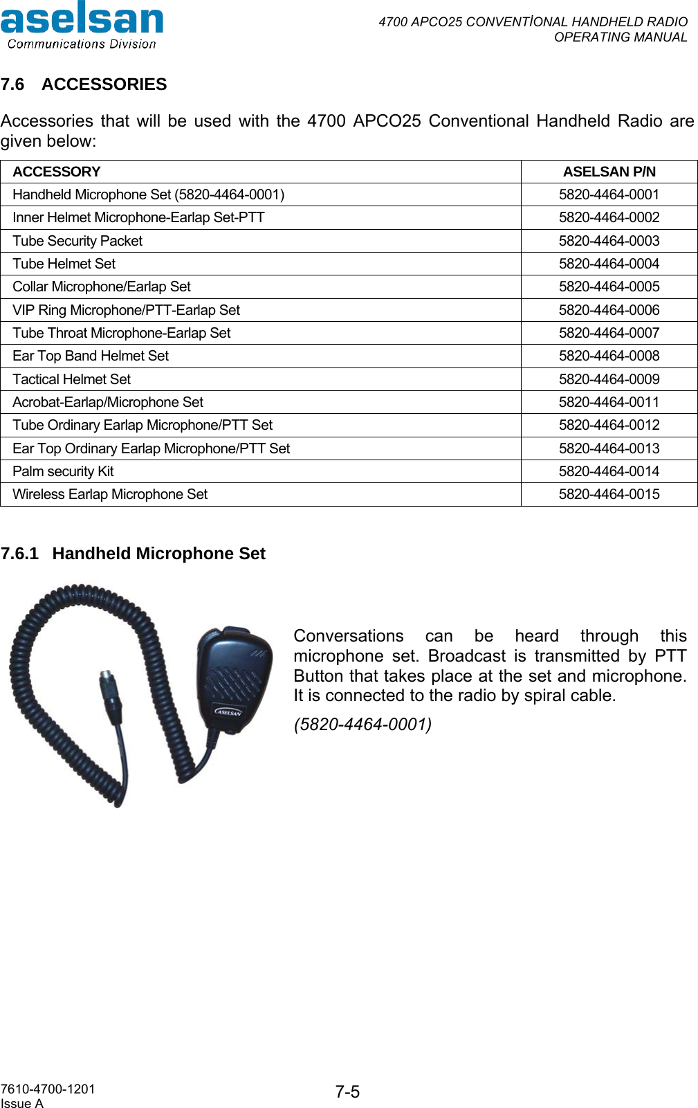  4700 APCO25 CONVENTİONAL HANDHELD RADIO  OPERATING MANUAL   7610-4700-1201 Issue A  7-57.6 ACCESSORIES Accessories that will be used with the 4700 APCO25 Conventional Handheld Radio are given below: ACCESSORY ASELSAN P/N Handheld Microphone Set (5820-4464-0001)  5820-4464-0001 Inner Helmet Microphone-Earlap Set-PTT  5820-4464-0002 Tube Security Packet  5820-4464-0003 Tube Helmet Set  5820-4464-0004 Collar Microphone/Earlap Set  5820-4464-0005 VIP Ring Microphone/PTT-Earlap Set  5820-4464-0006 Tube Throat Microphone-Earlap Set  5820-4464-0007 Ear Top Band Helmet Set  5820-4464-0008 Tactical Helmet Set  5820-4464-0009 Acrobat-Earlap/Microphone Set  5820-4464-0011 Tube Ordinary Earlap Microphone/PTT Set  5820-4464-0012 Ear Top Ordinary Earlap Microphone/PTT Set  5820-4464-0013 Palm security Kit  5820-4464-0014 Wireless Earlap Microphone Set  5820-4464-0015  7.6.1 Handheld Microphone Set  Conversations can be heard through this microphone set. Broadcast is transmitted by PTT Button that takes place at the set and microphone. It is connected to the radio by spiral cable. (5820-4464-0001)  